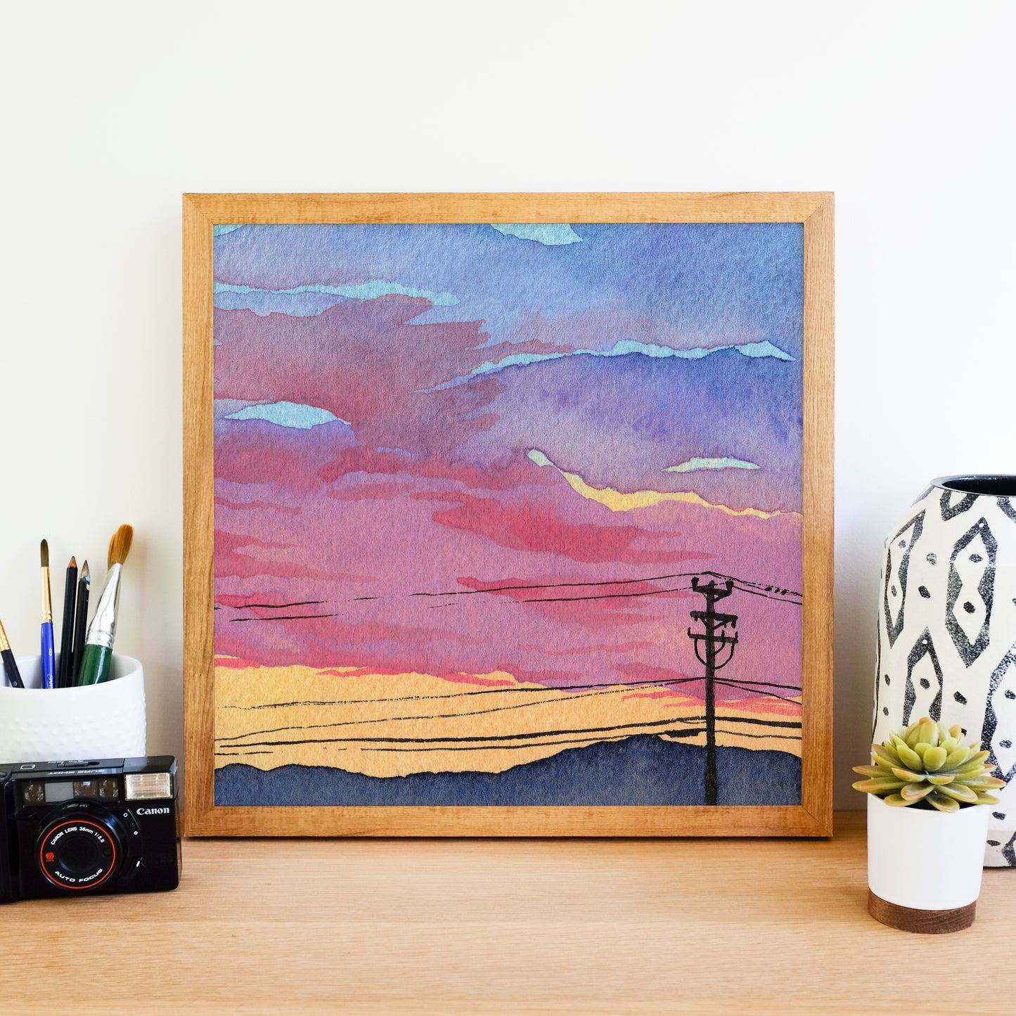 Orange Mountain Sunset - Watercolor Sky Art Print