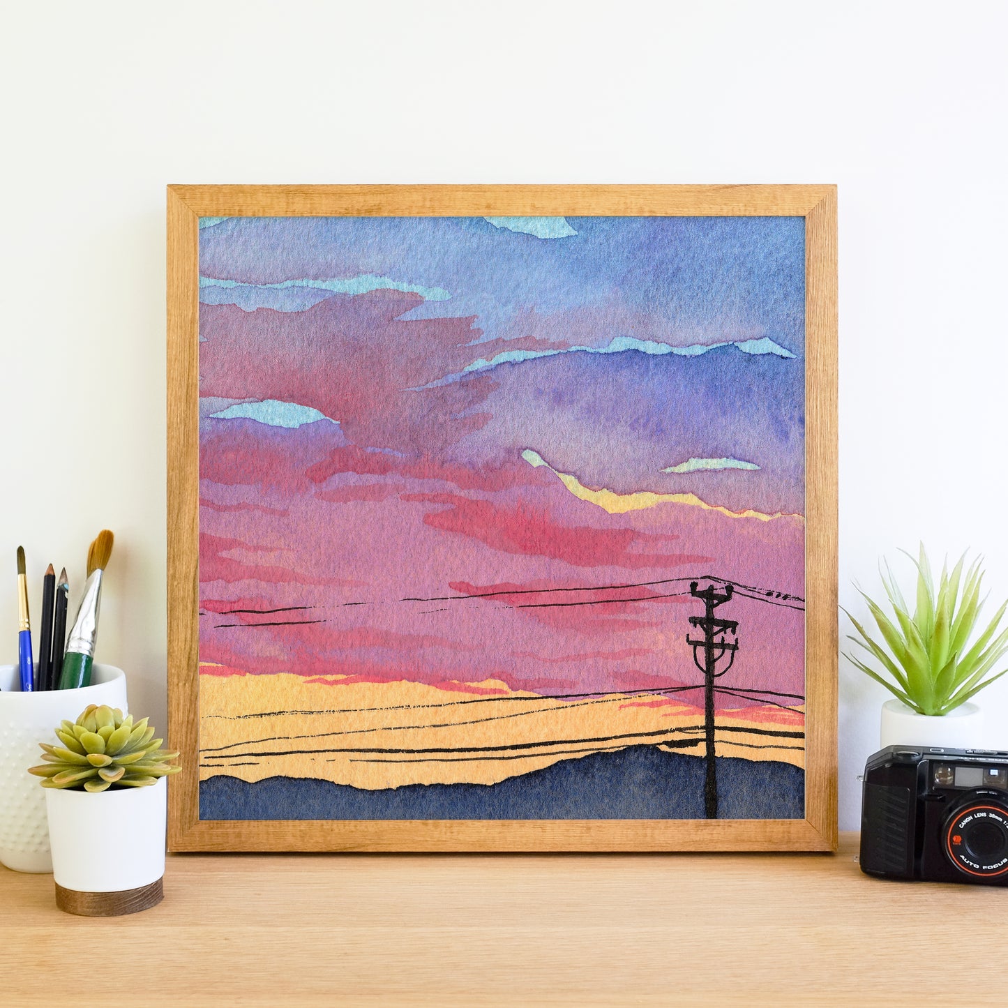 Orange Mountain Sunset - Watercolor Sky Art Print