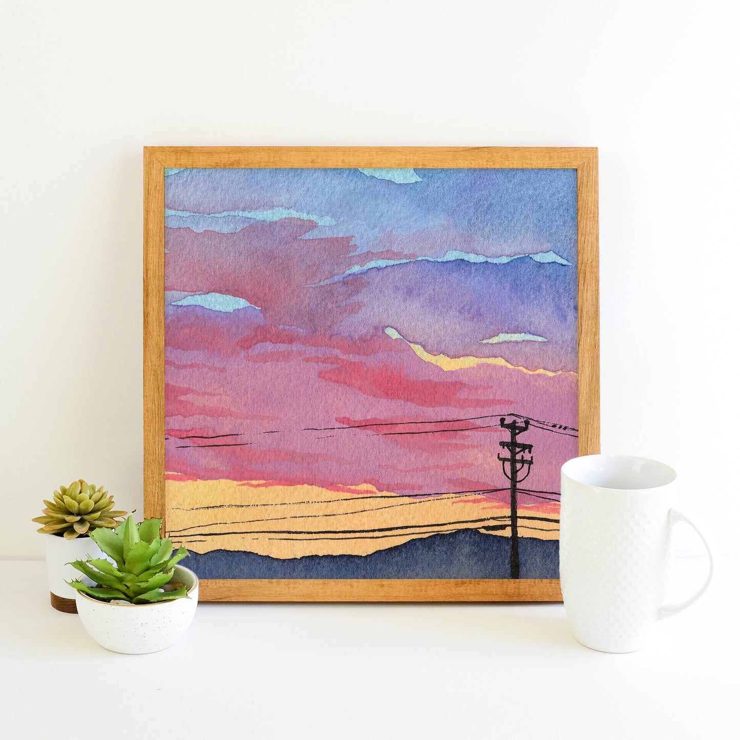 Orange Mountain Sunset - Watercolor Sky Art Print