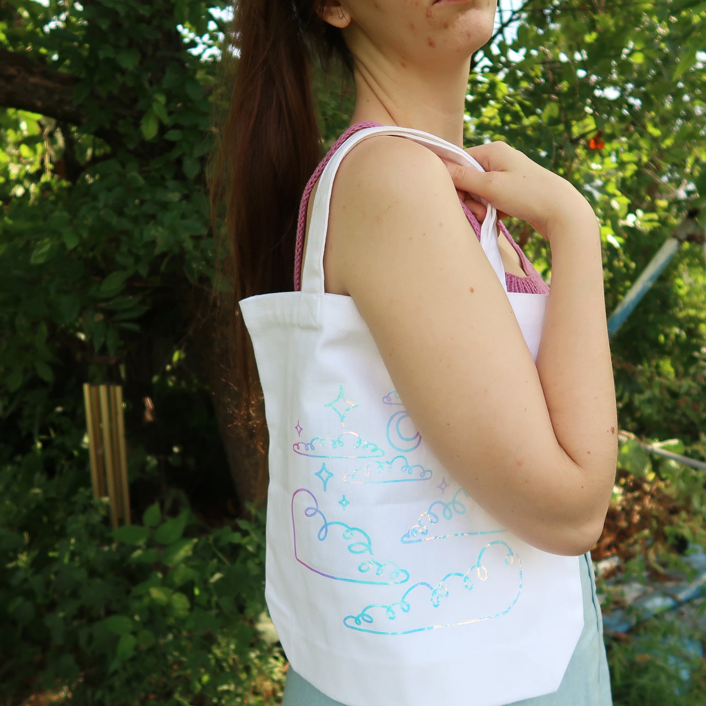 Night Sky Holographic Canvas Tote Bag with Pockets