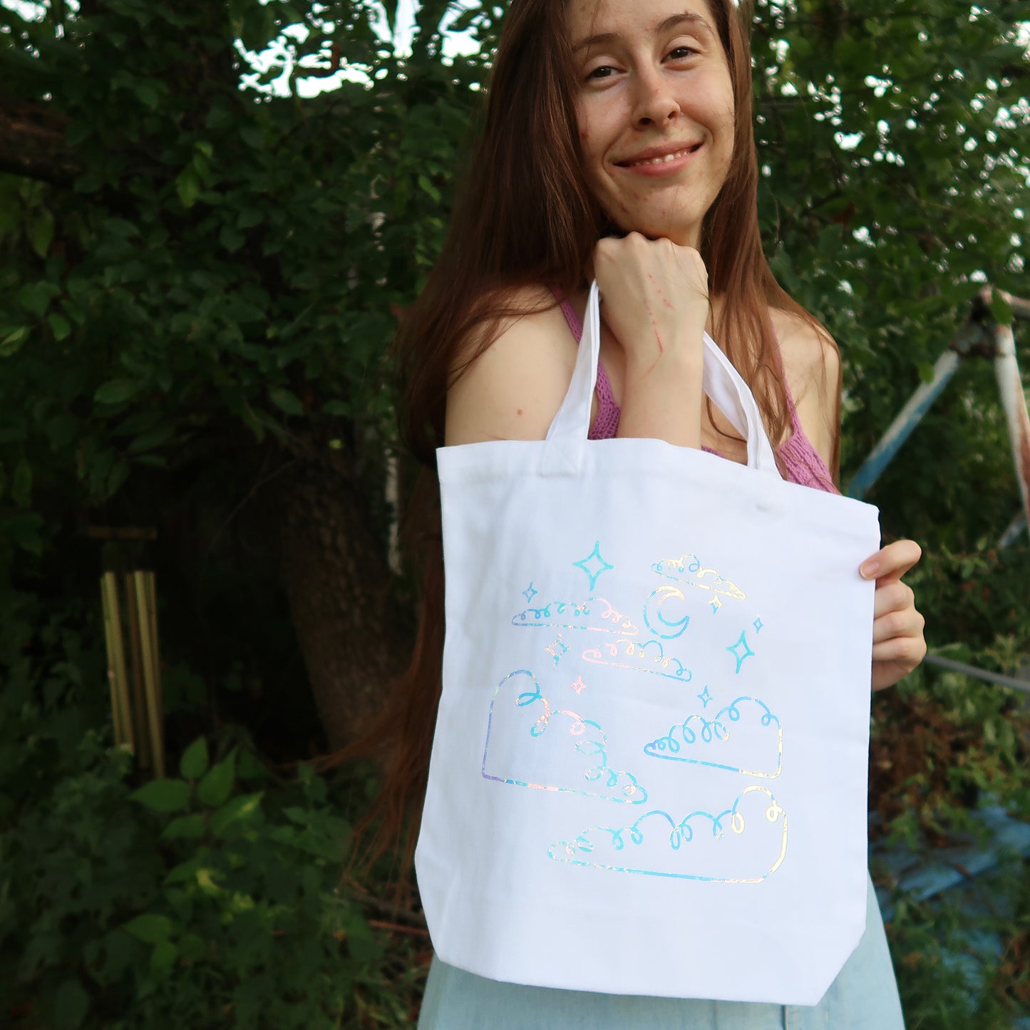 Night Sky Holographic Canvas Tote Bag with Pockets