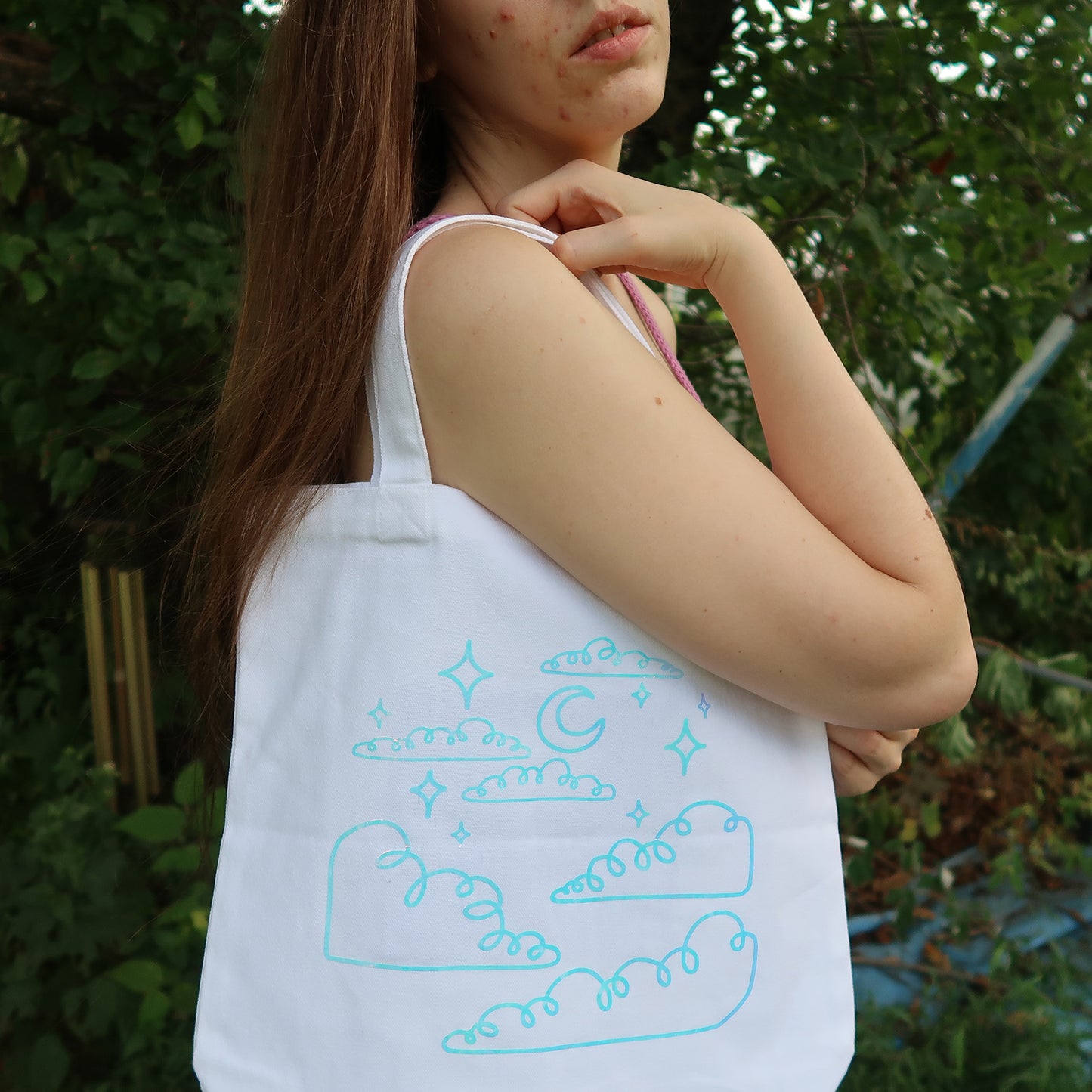 Night Sky Holographic Canvas Tote Bag with Pockets