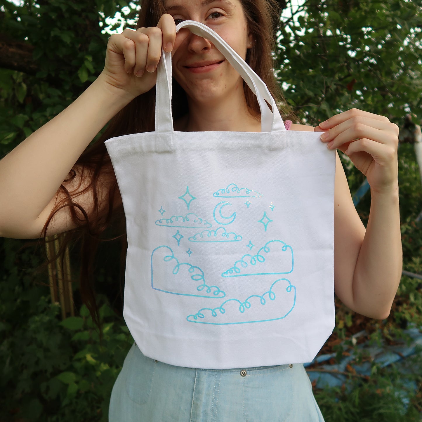 Night Sky Holographic Canvas Tote Bag with Pockets