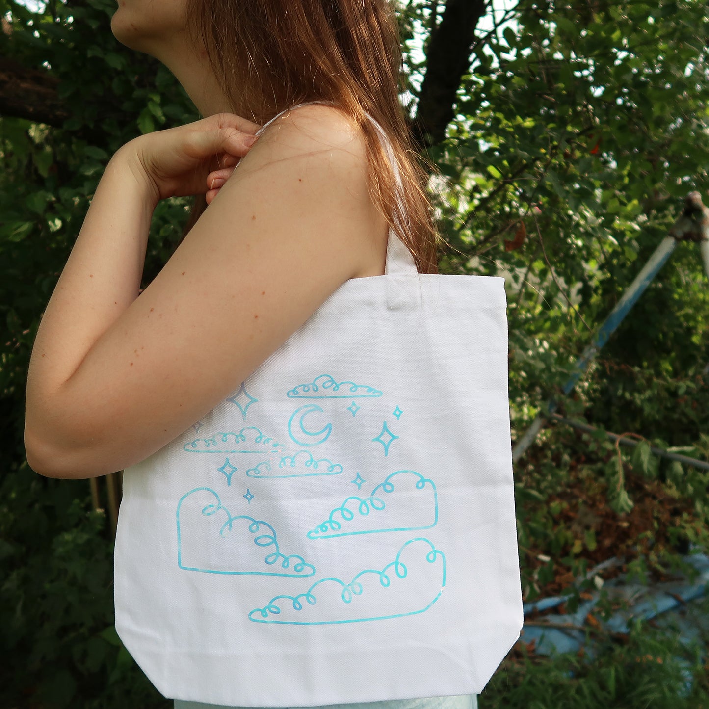 Night Sky Holographic Canvas Tote Bag with Pockets