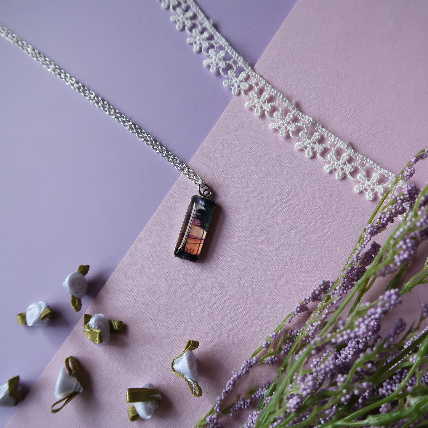Orange Sunset Sky Miniature Watercolor Necklace