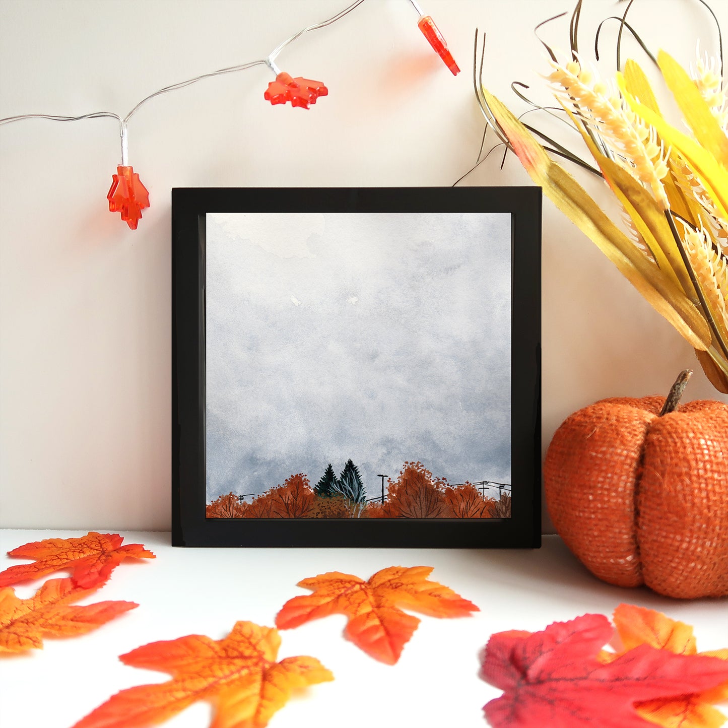 Tiny Fall Orange Skyline - Watercolor Sky Art Print