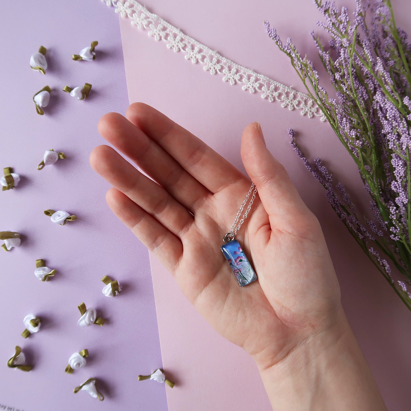 Tiny Pink Cosmos Miniature Watercolor Flower Necklace