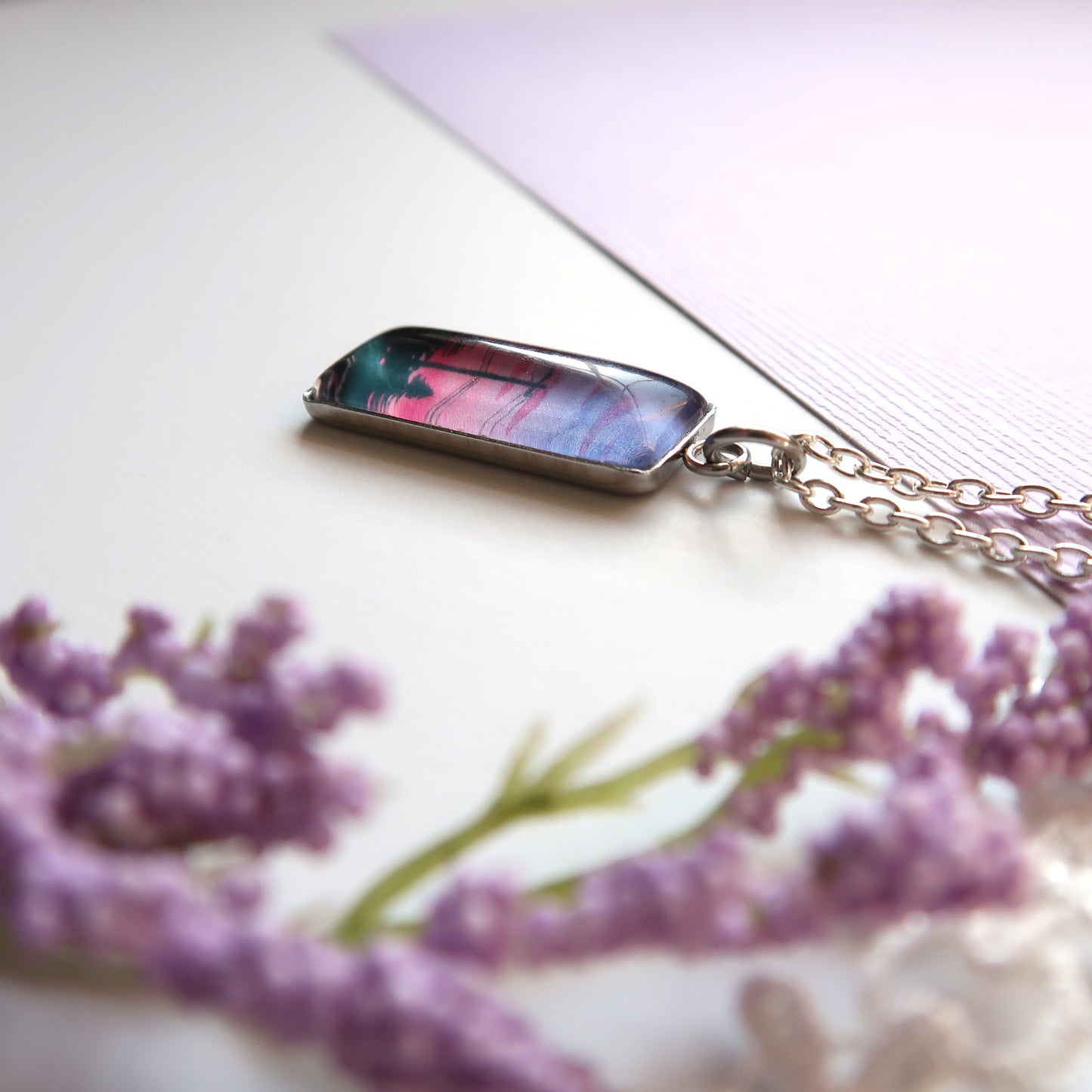 Purple and Pink Sunset Sky Miniature Watercolor Necklace