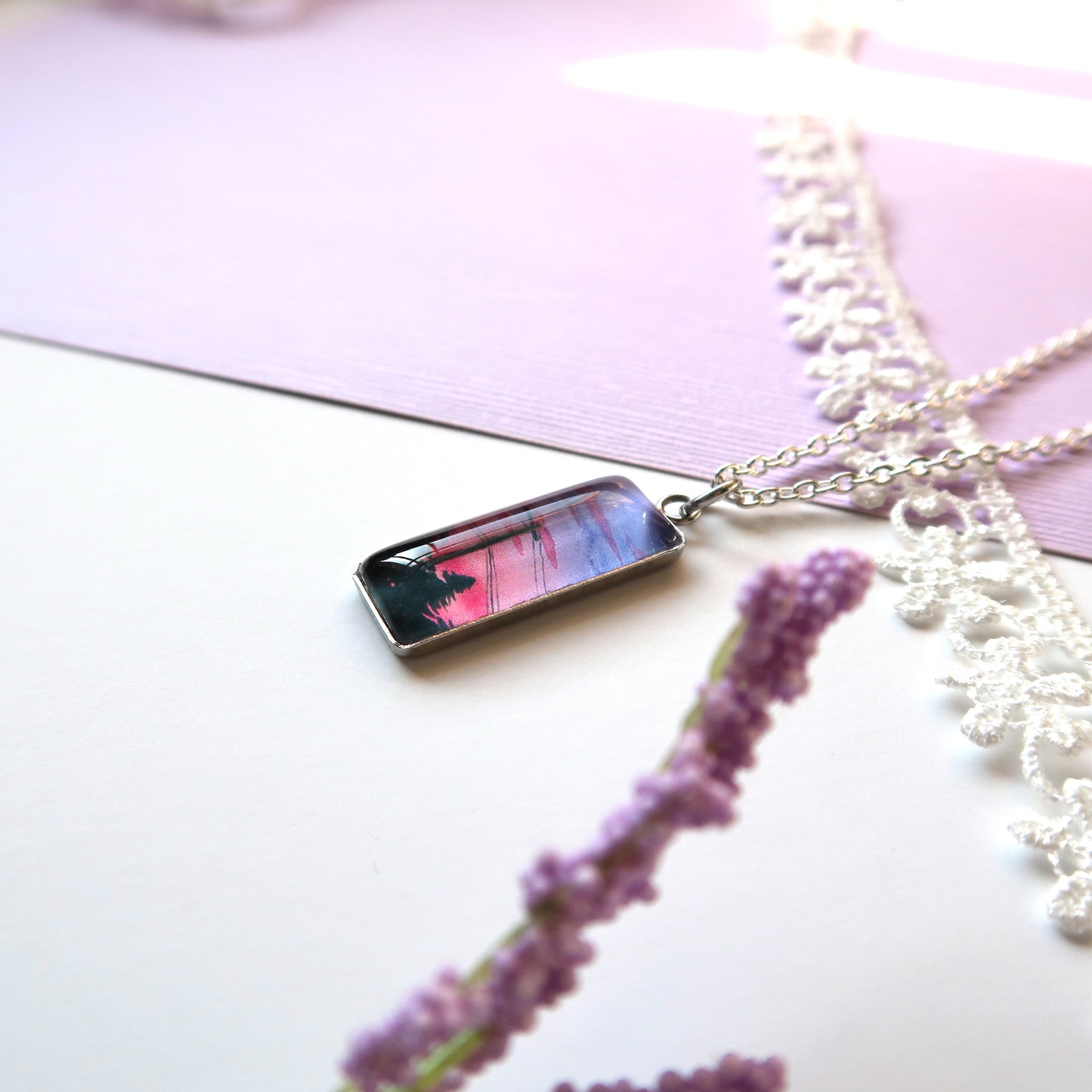 Purple and Pink Sunset Sky Miniature Watercolor Necklace