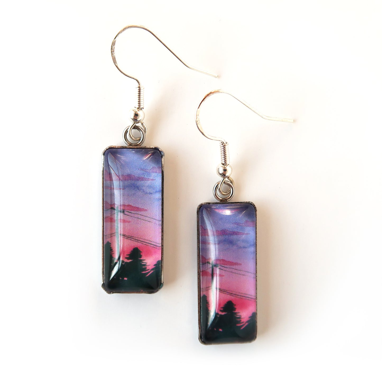 Purple and Pink Sunset Rectangle Dangle Earrings