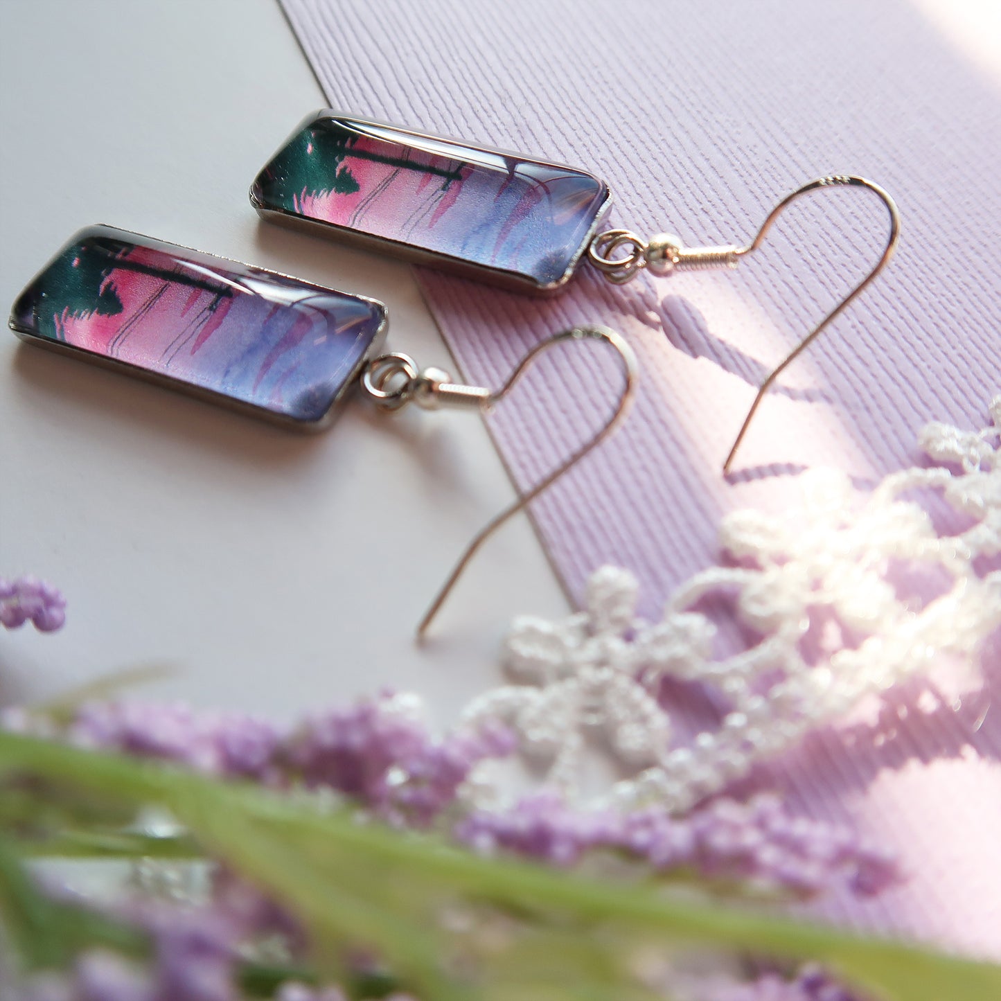 Purple and Pink Sunset Rectangle Dangle Earrings