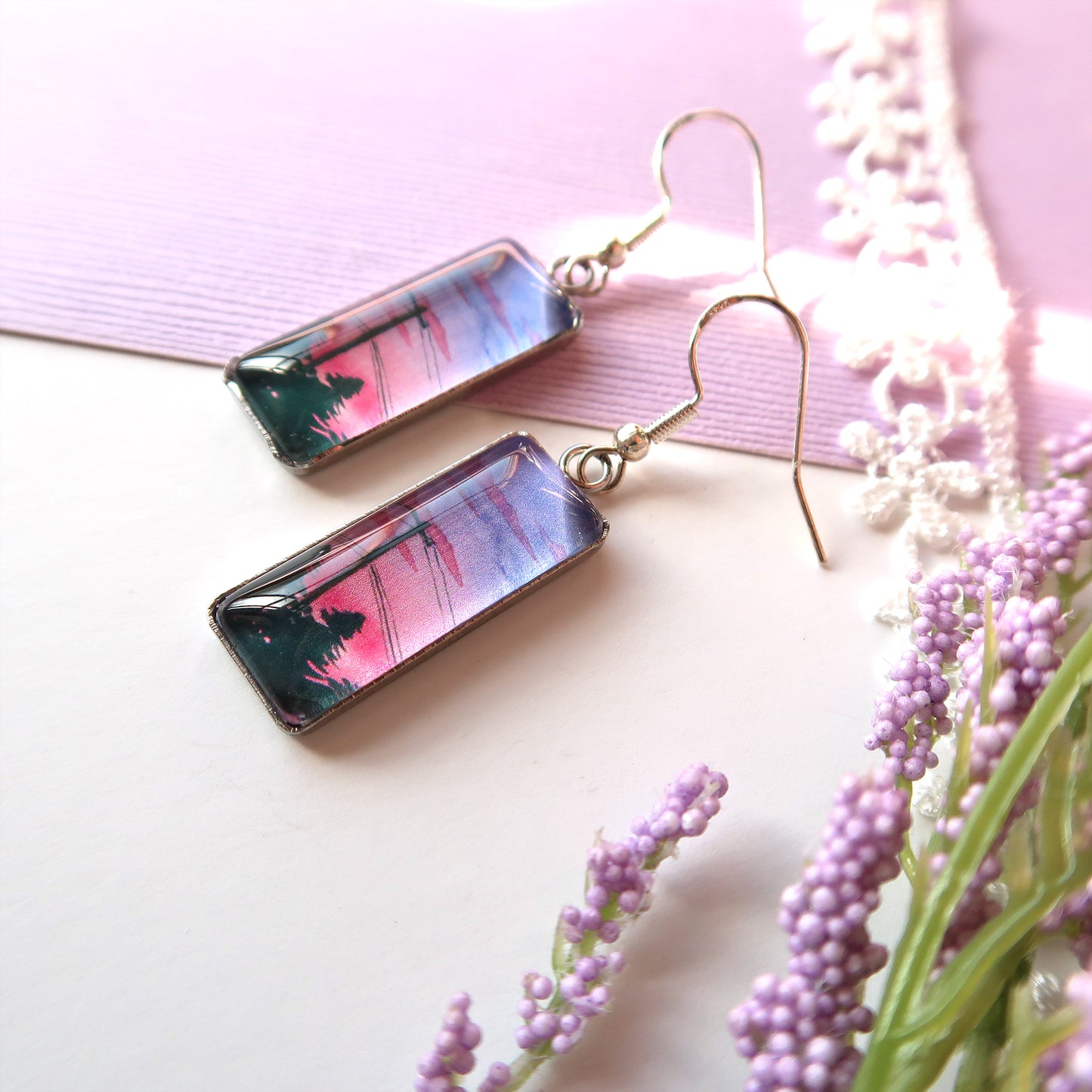 Purple and Pink Sunset Rectangle Dangle Earrings