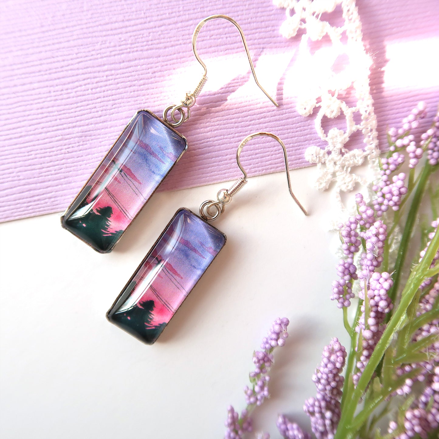 Purple and Pink Sunset Rectangle Dangle Earrings