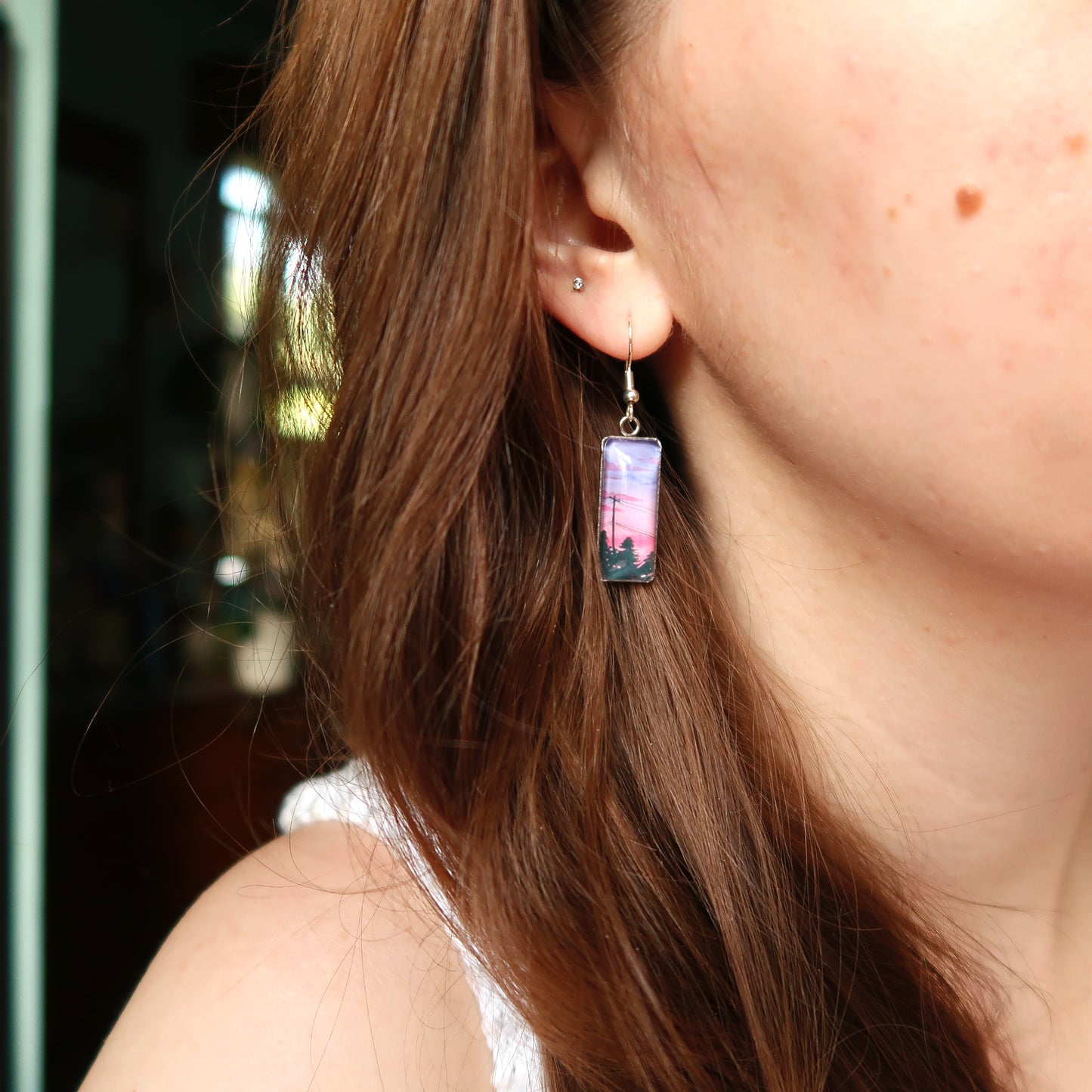 Purple and Pink Sunset Rectangle Dangle Earrings