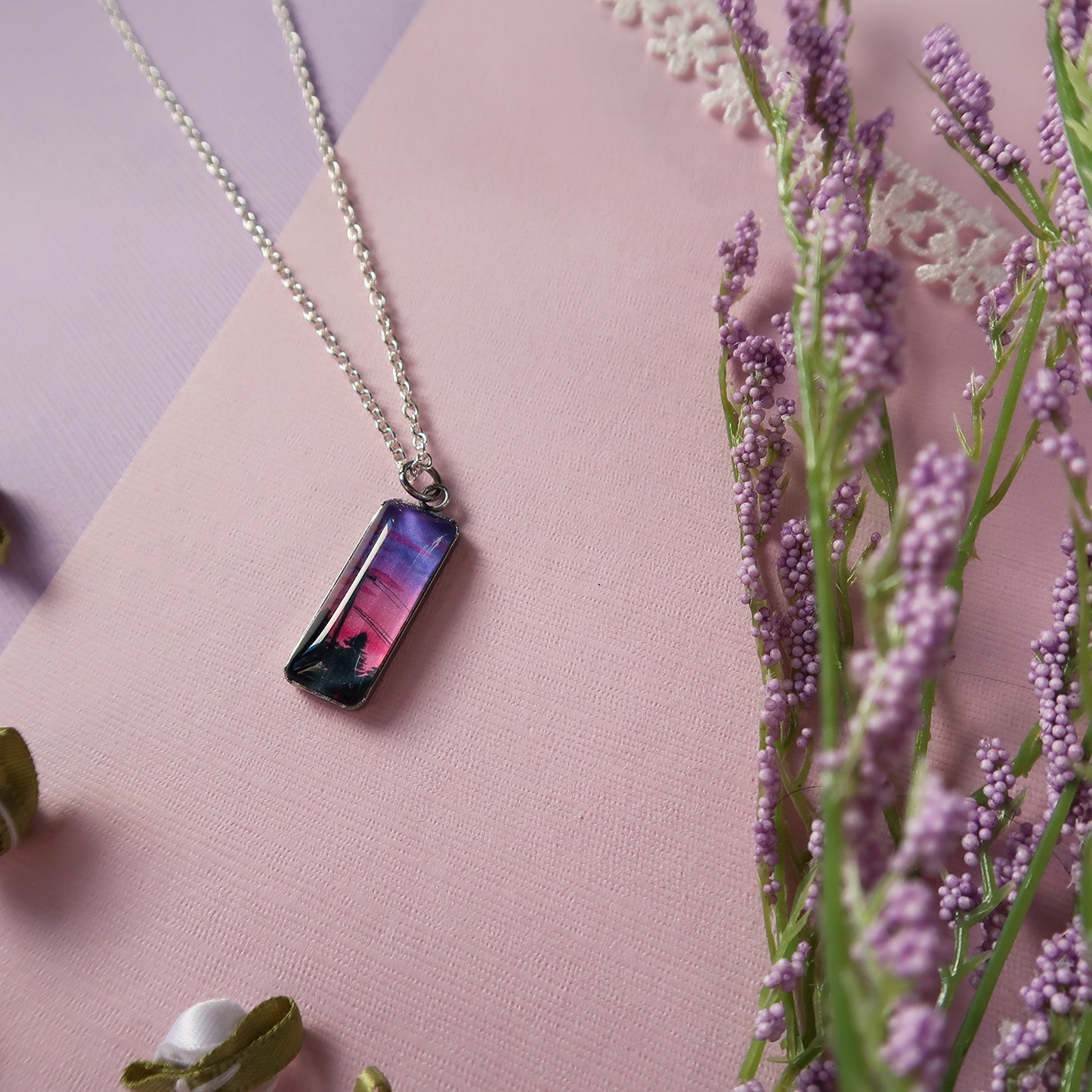 Purple and Pink Sunset Sky Miniature Watercolor Necklace