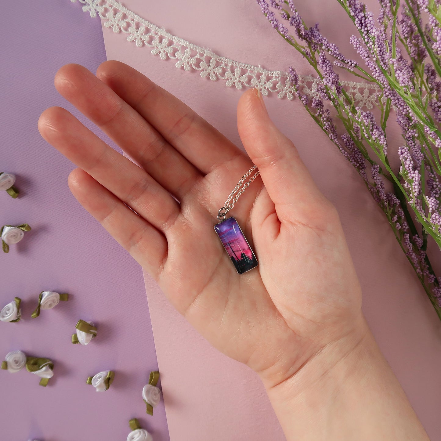 Purple and Pink Sunset Sky Miniature Watercolor Necklace