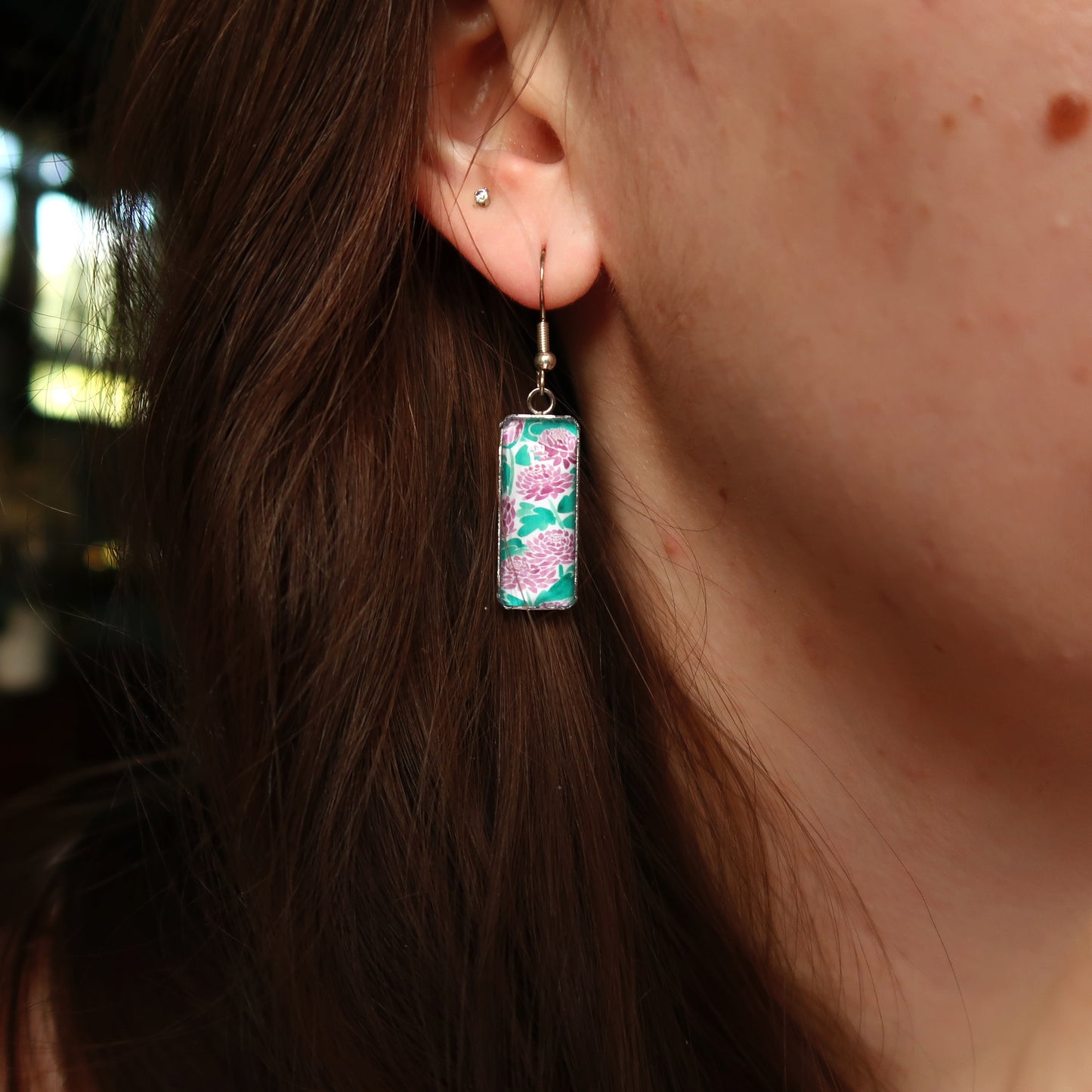 Purple Chrysanthemums Rectangle Dangle Earrings