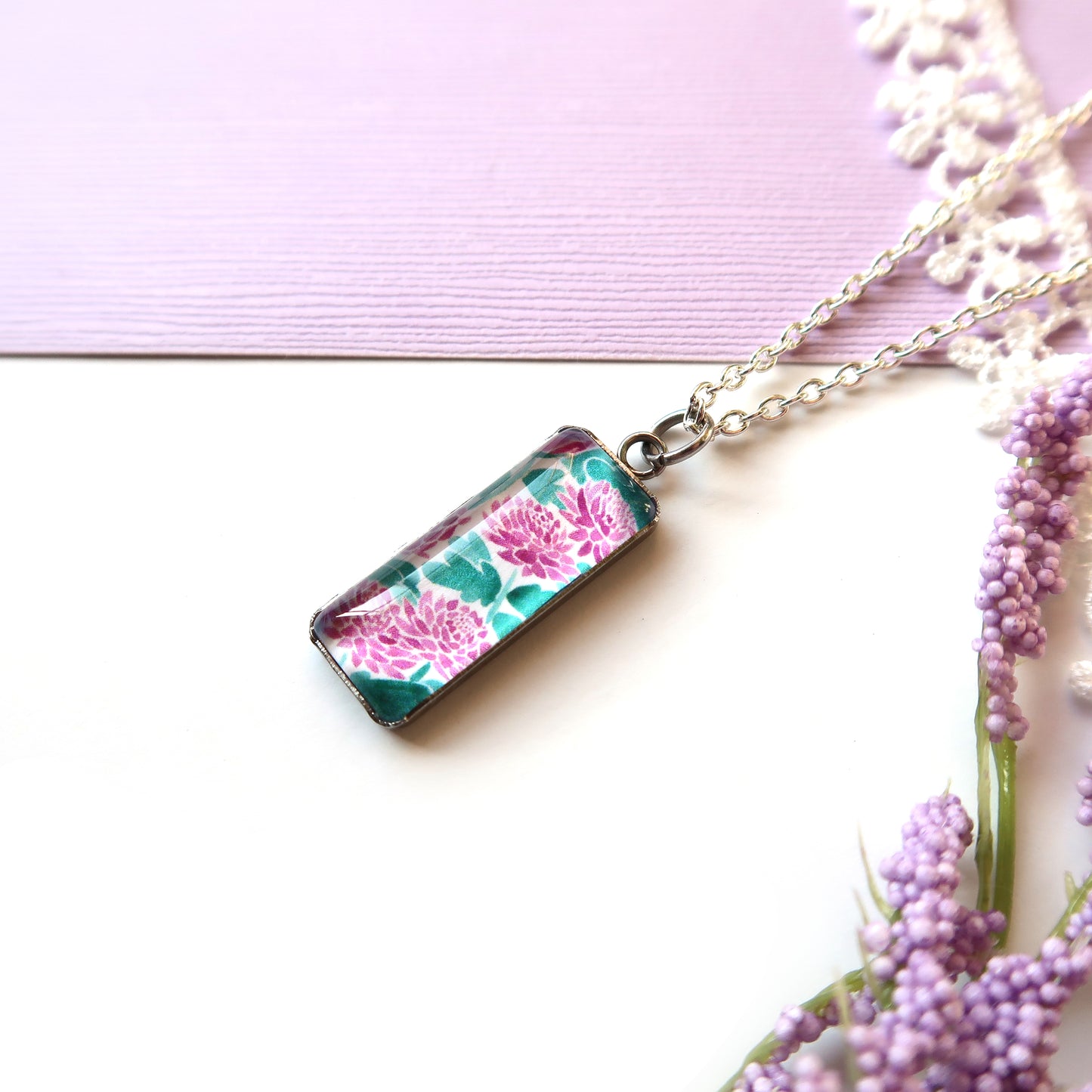 Purple Chrysanthemums Miniature Watercolor Flower Necklace