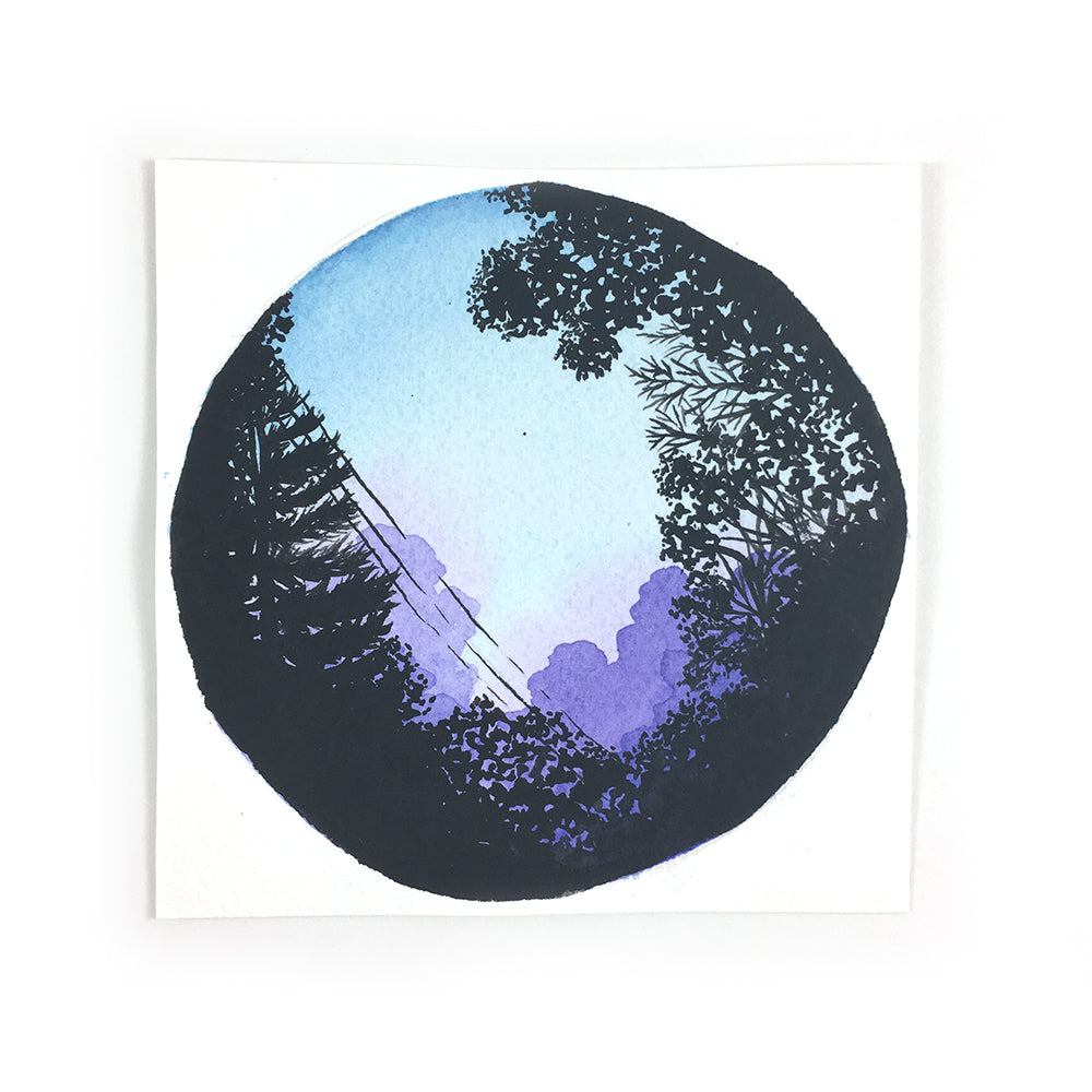 Purple Clouds with Trees - Original Watercolor Painting Inktober Day 23