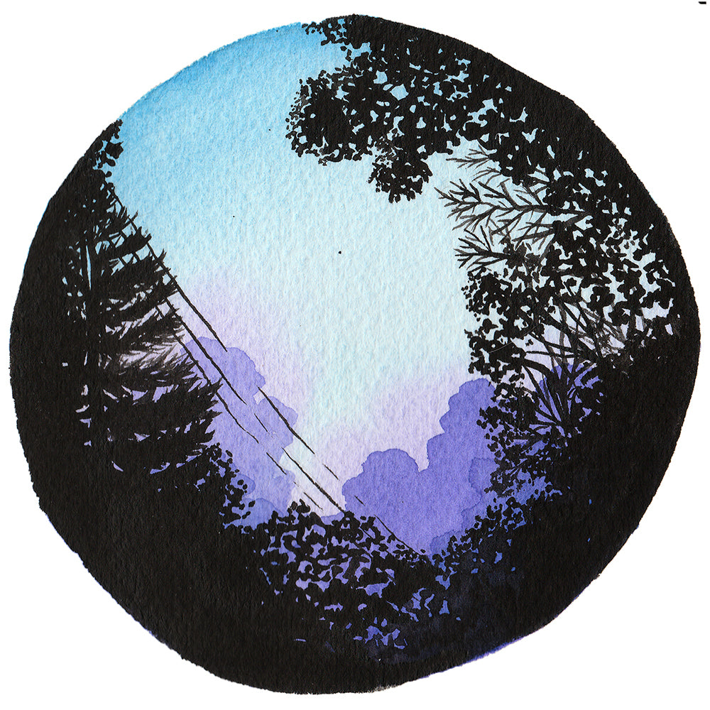 Purple Clouds with Trees - Original Watercolor Painting Inktober Day 23