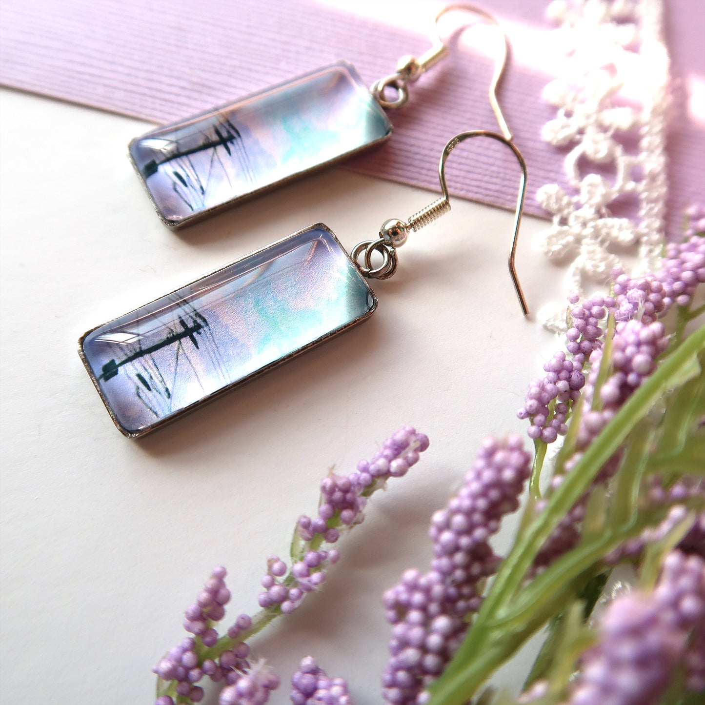 Purple Clouds and Powerlines Rectangle Dangle Earrings