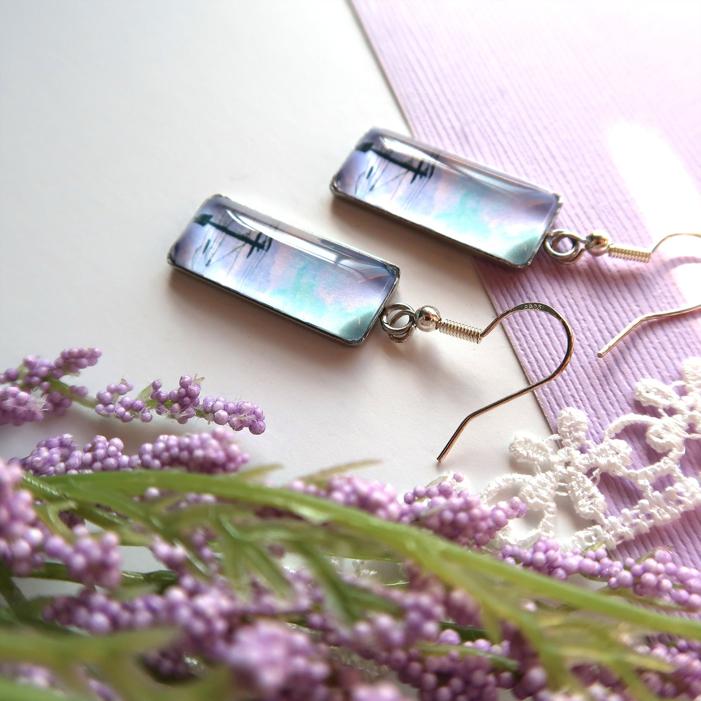Purple Clouds and Powerlines Rectangle Dangle Earrings