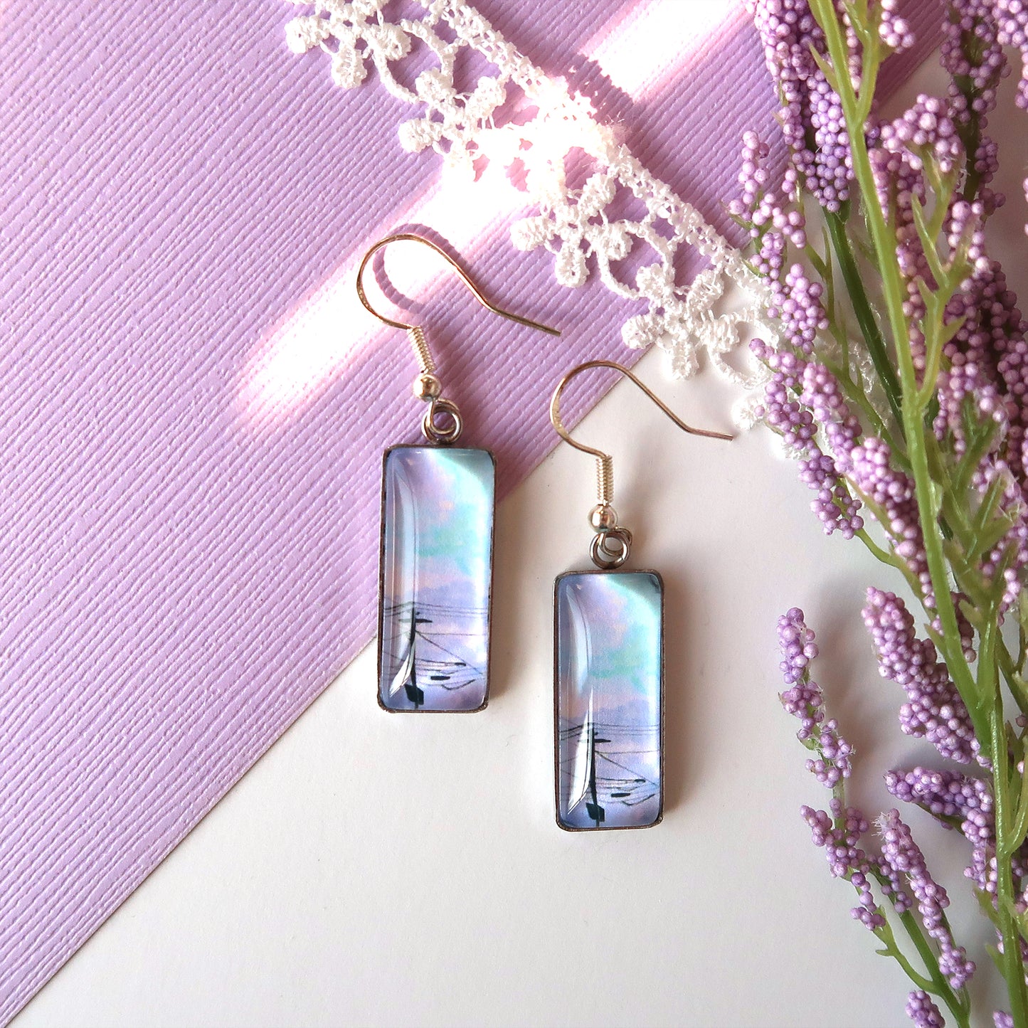 Purple Clouds and Powerlines Rectangle Dangle Earrings
