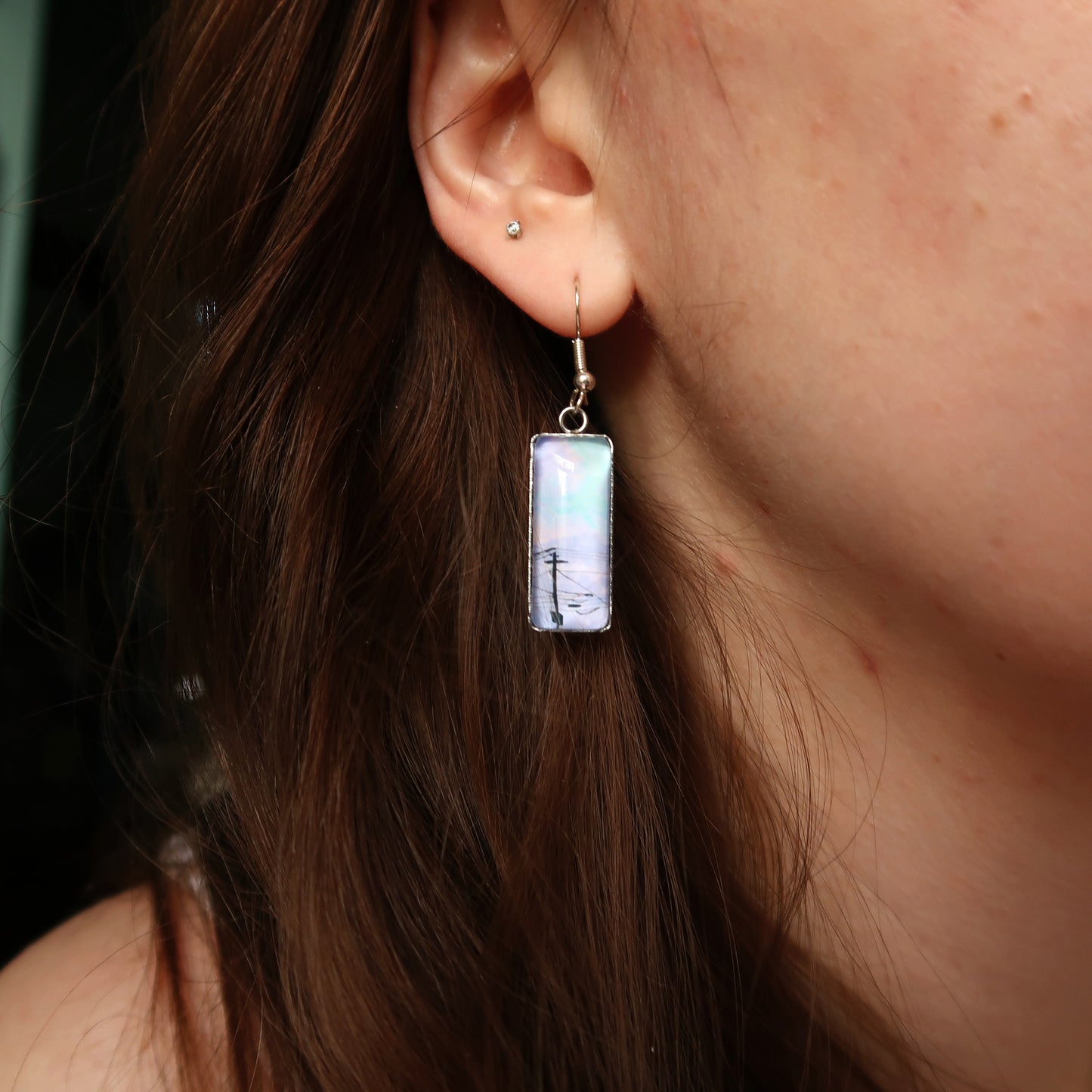 Purple Clouds and Powerlines Rectangle Dangle Earrings