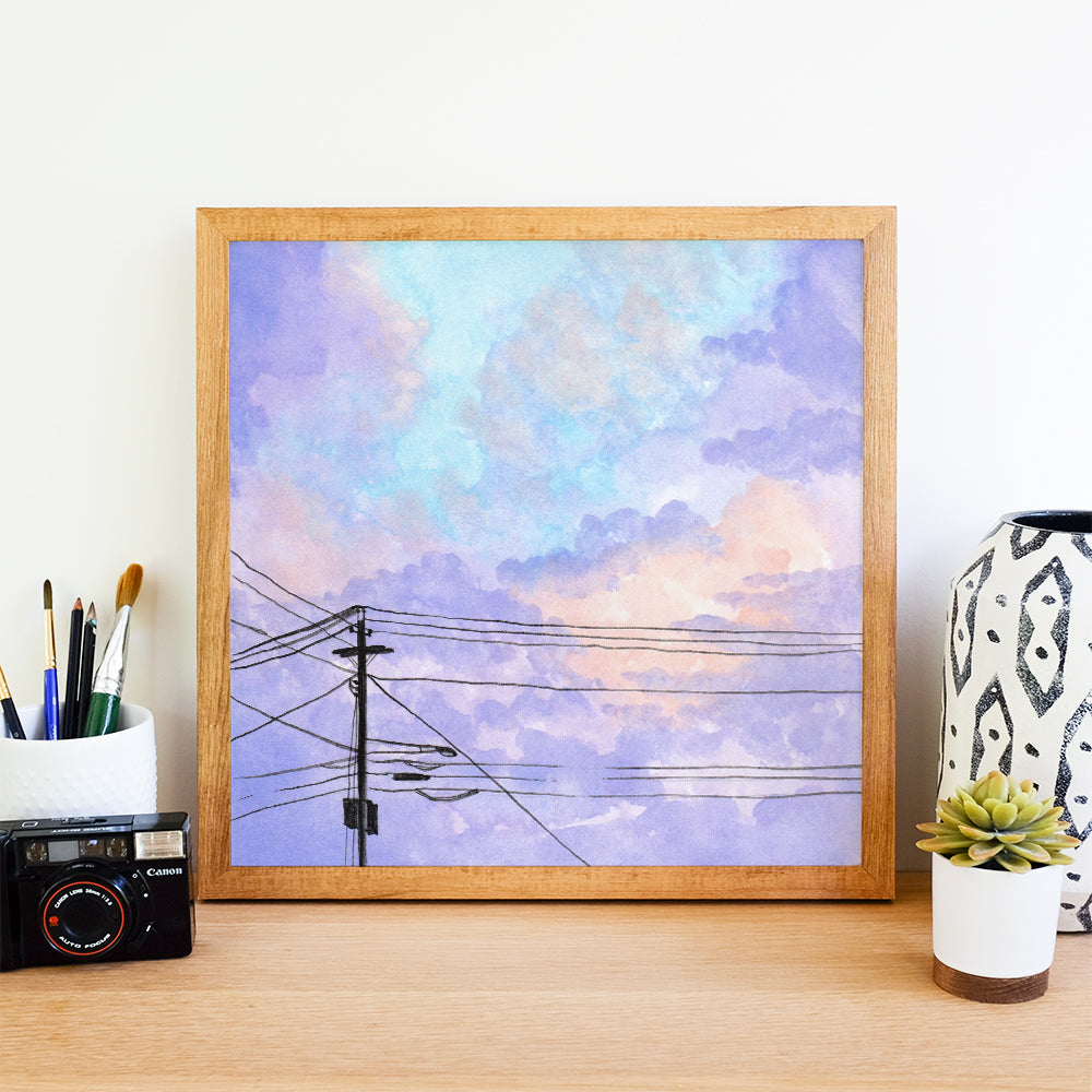 Purple Clouds and Powerlines - Watercolor Art Print