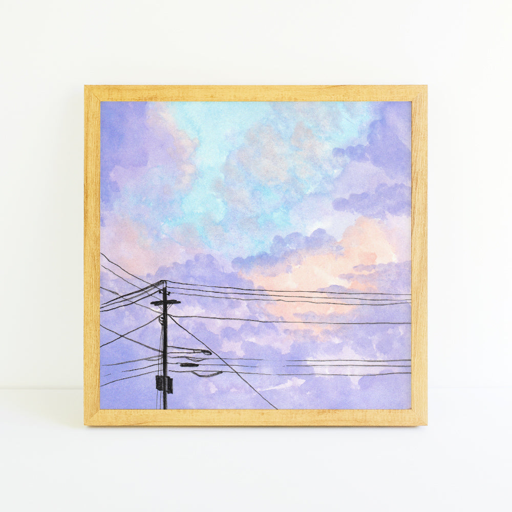 Purple Clouds and Powerlines - Watercolor Art Print