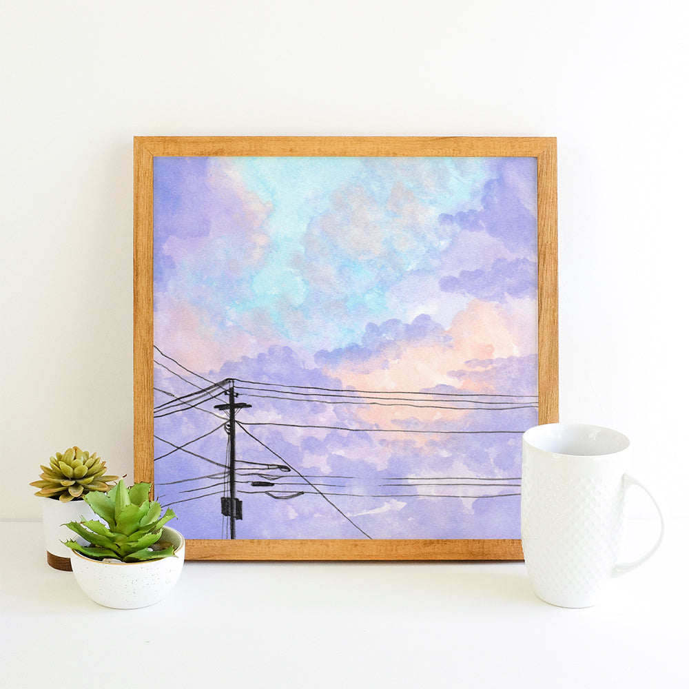 Purple Clouds and Powerlines - Watercolor Art Print
