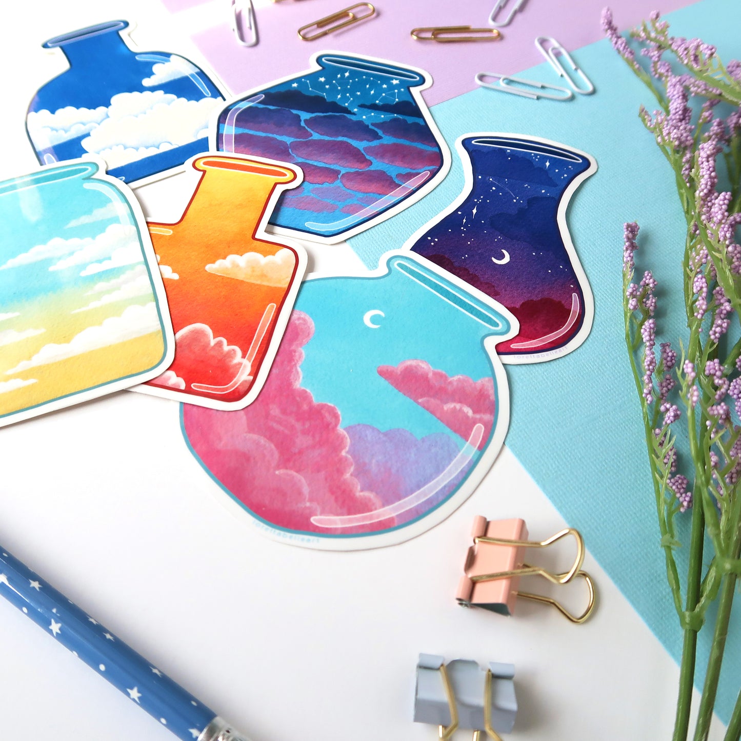 Cotton Candy Clouds and Moon Sky Jar Glossy Vinyl Die Cut Sticker