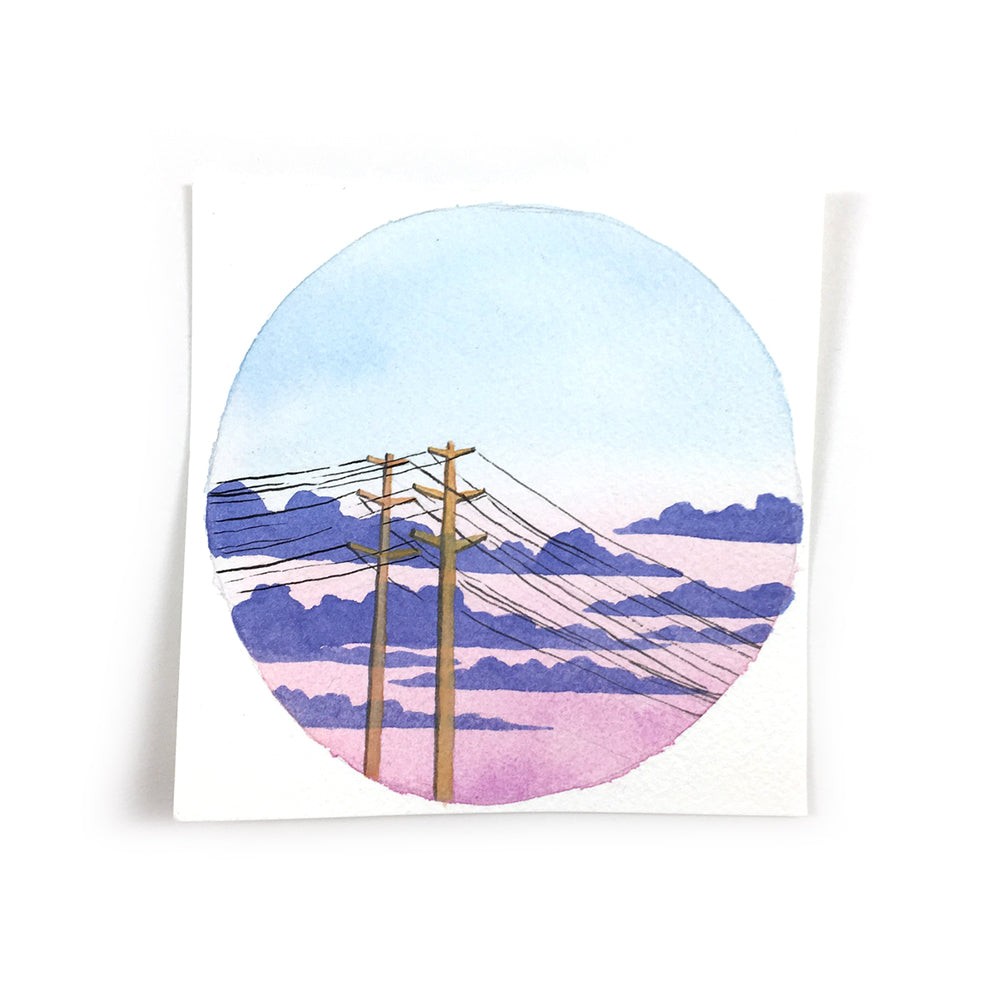 Soft Pink and Blue Sunset - Original Watercolor Painting Inktober Day 25