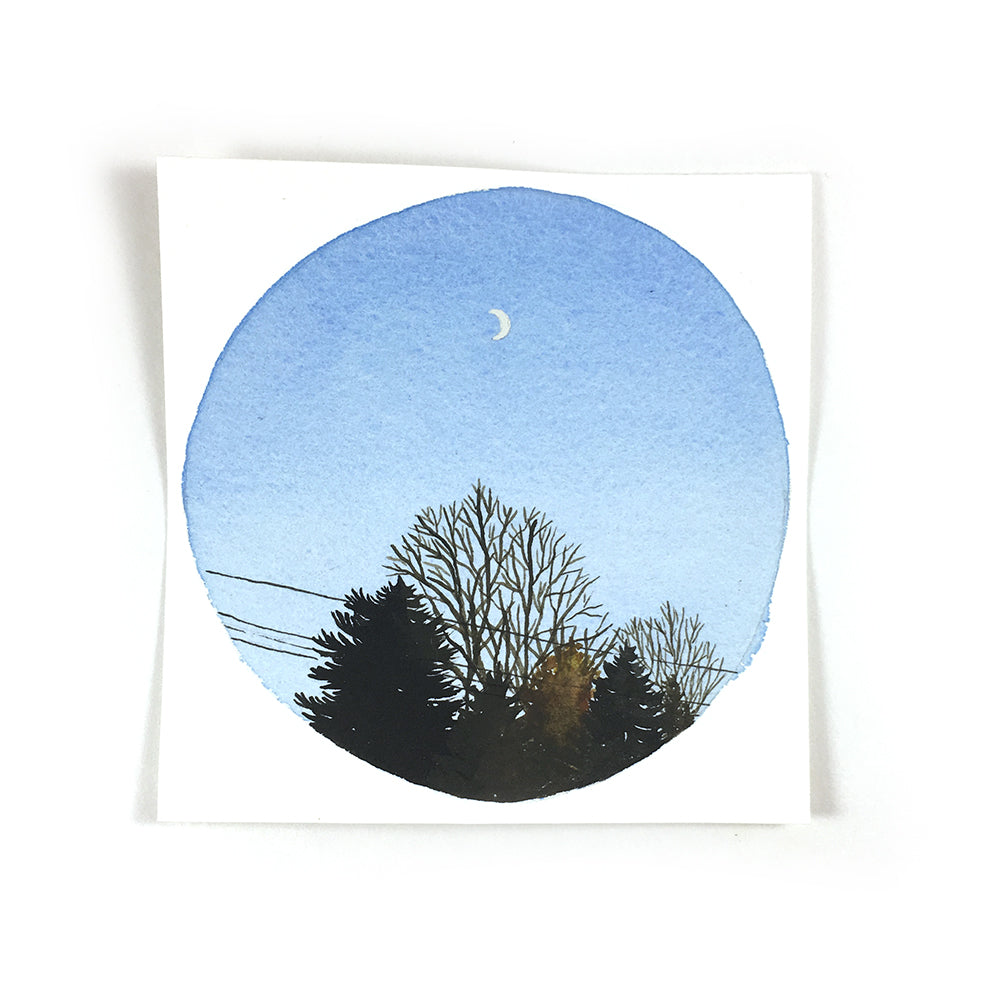 Fall Trees with Moon - Original Watercolor Painting Inktober Day 29