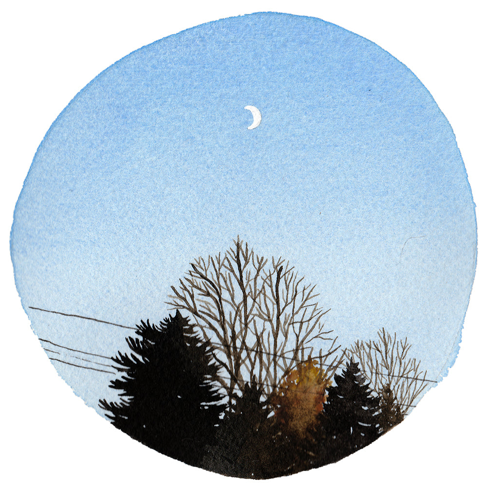 Fall Trees with Moon - Original Watercolor Painting Inktober Day 29