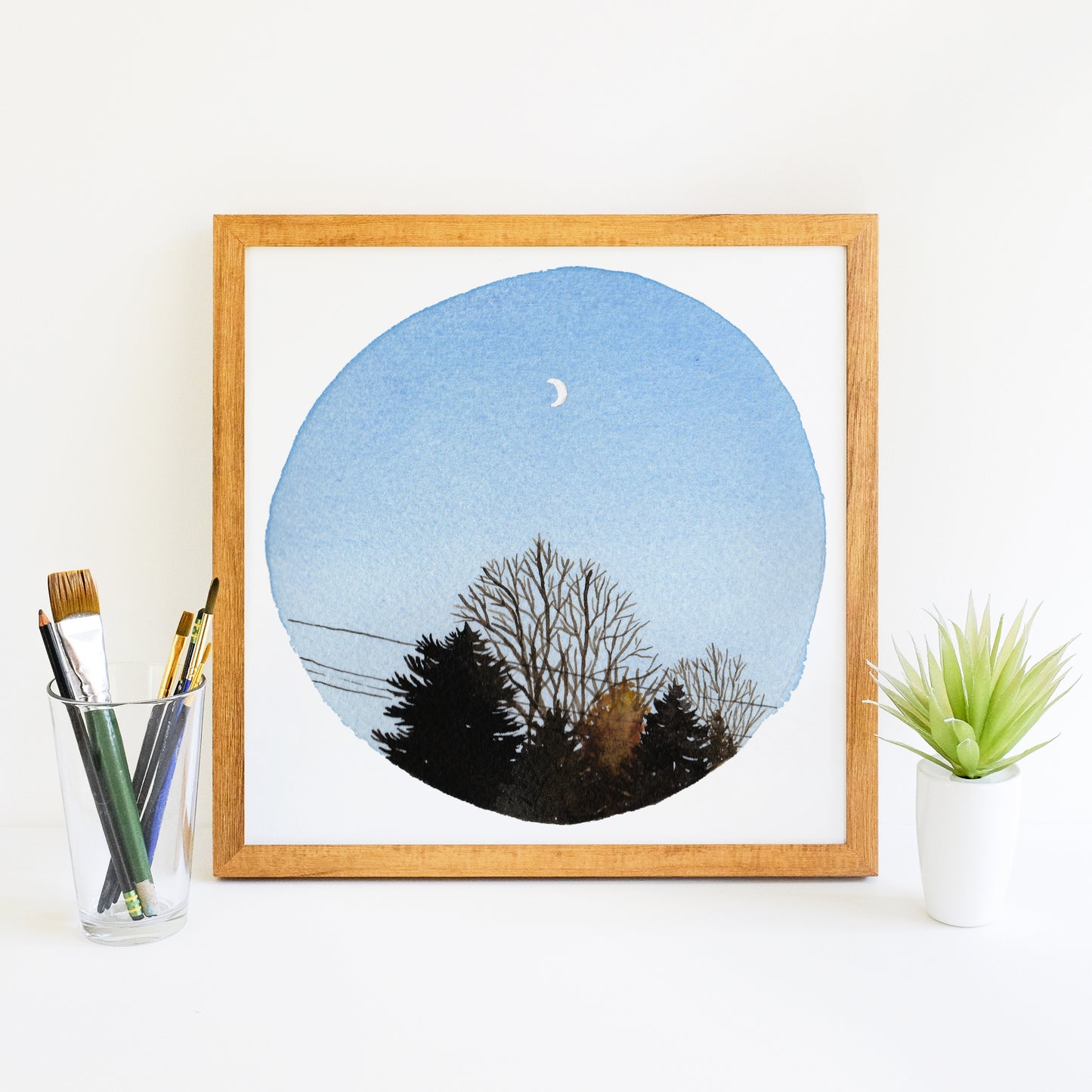 Crescent Moon and Trees - Watercolor Sky Art Print