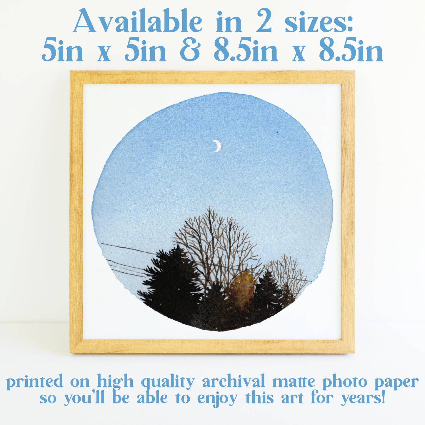 Crescent Moon and Trees - Watercolor Sky Art Print