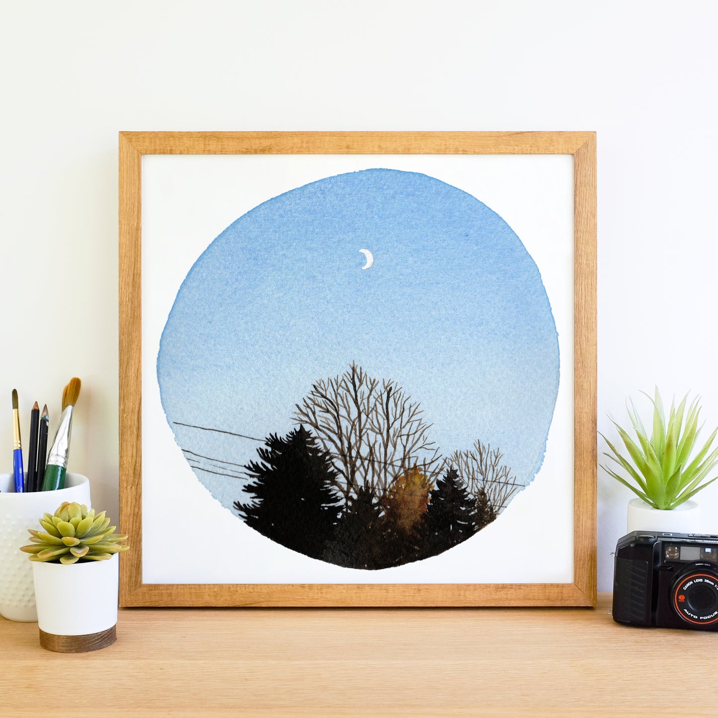 Crescent Moon and Trees - Watercolor Sky Art Print