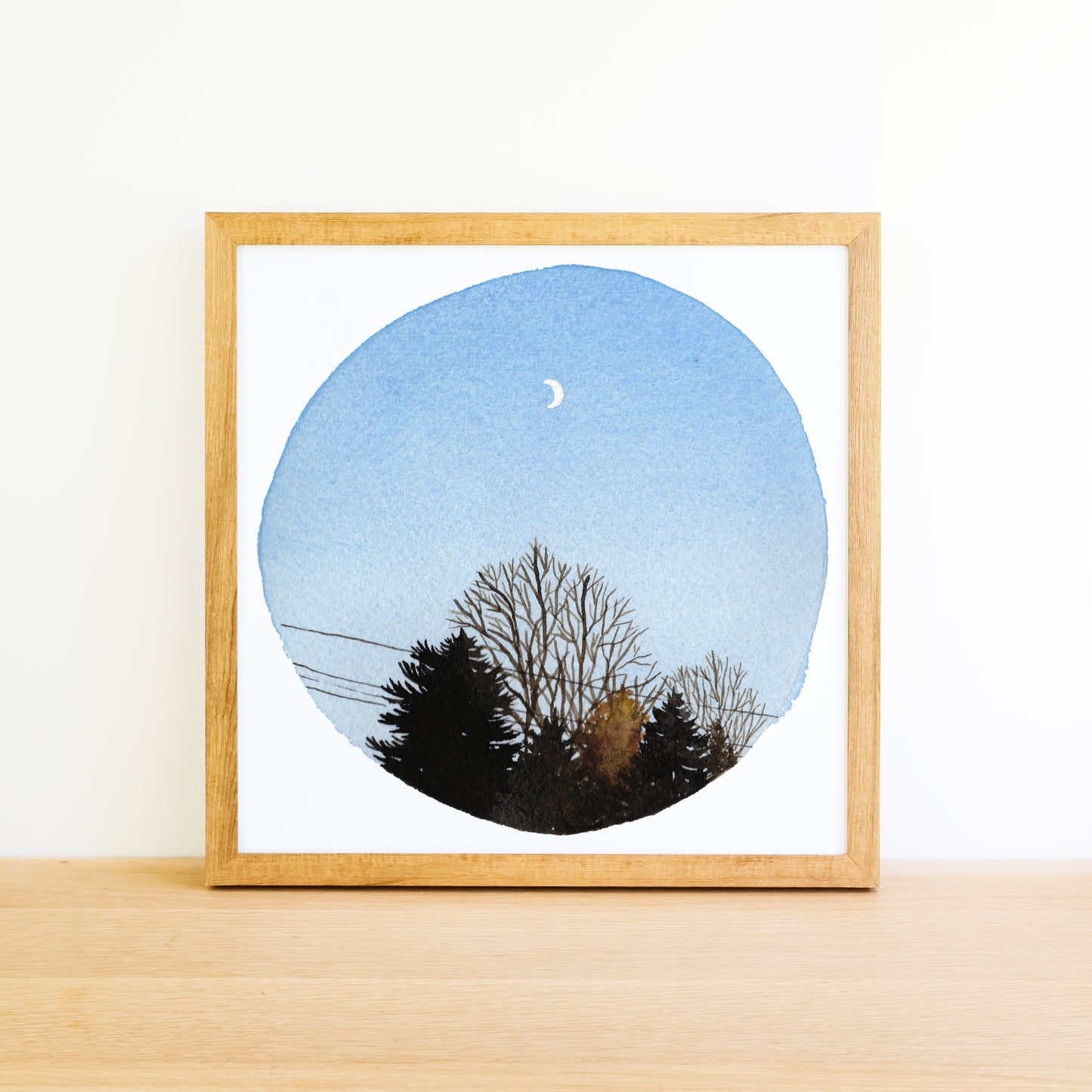Crescent Moon and Trees - Watercolor Sky Art Print