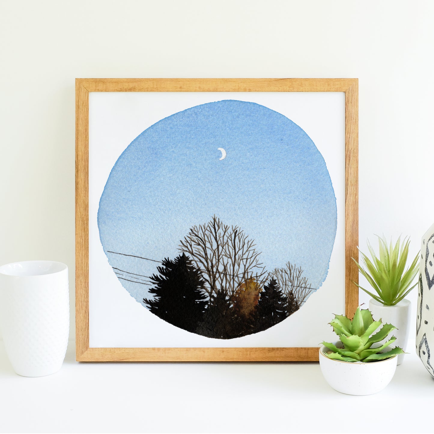 Crescent Moon and Trees - Watercolor Sky Art Print