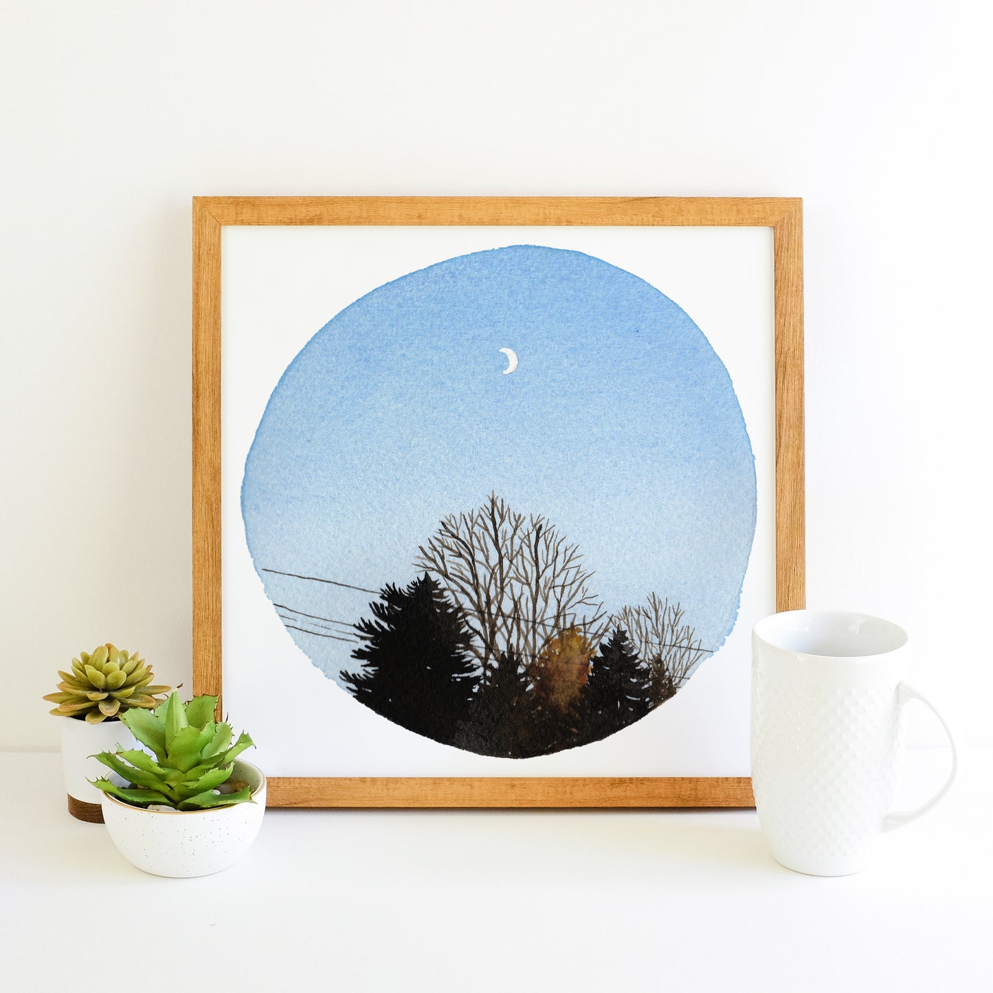 Crescent Moon and Trees - Watercolor Sky Art Print