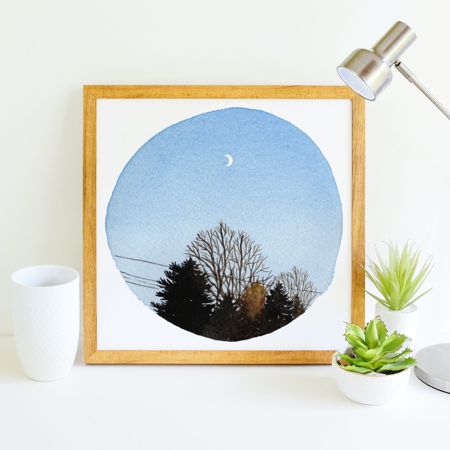 Crescent Moon and Trees - Watercolor Sky Art Print
