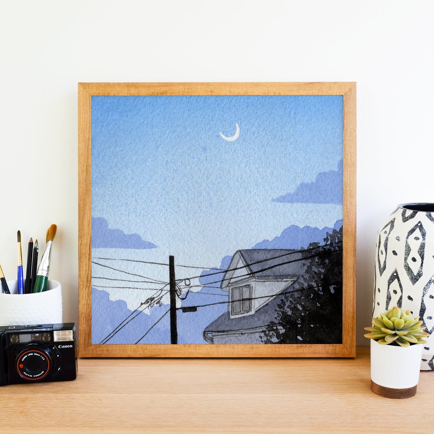 Blue Dusk Moon - Watercolor Sky Art Print