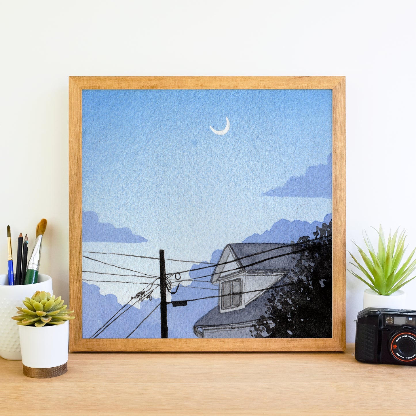 Blue Dusk Moon - Watercolor Sky Art Print