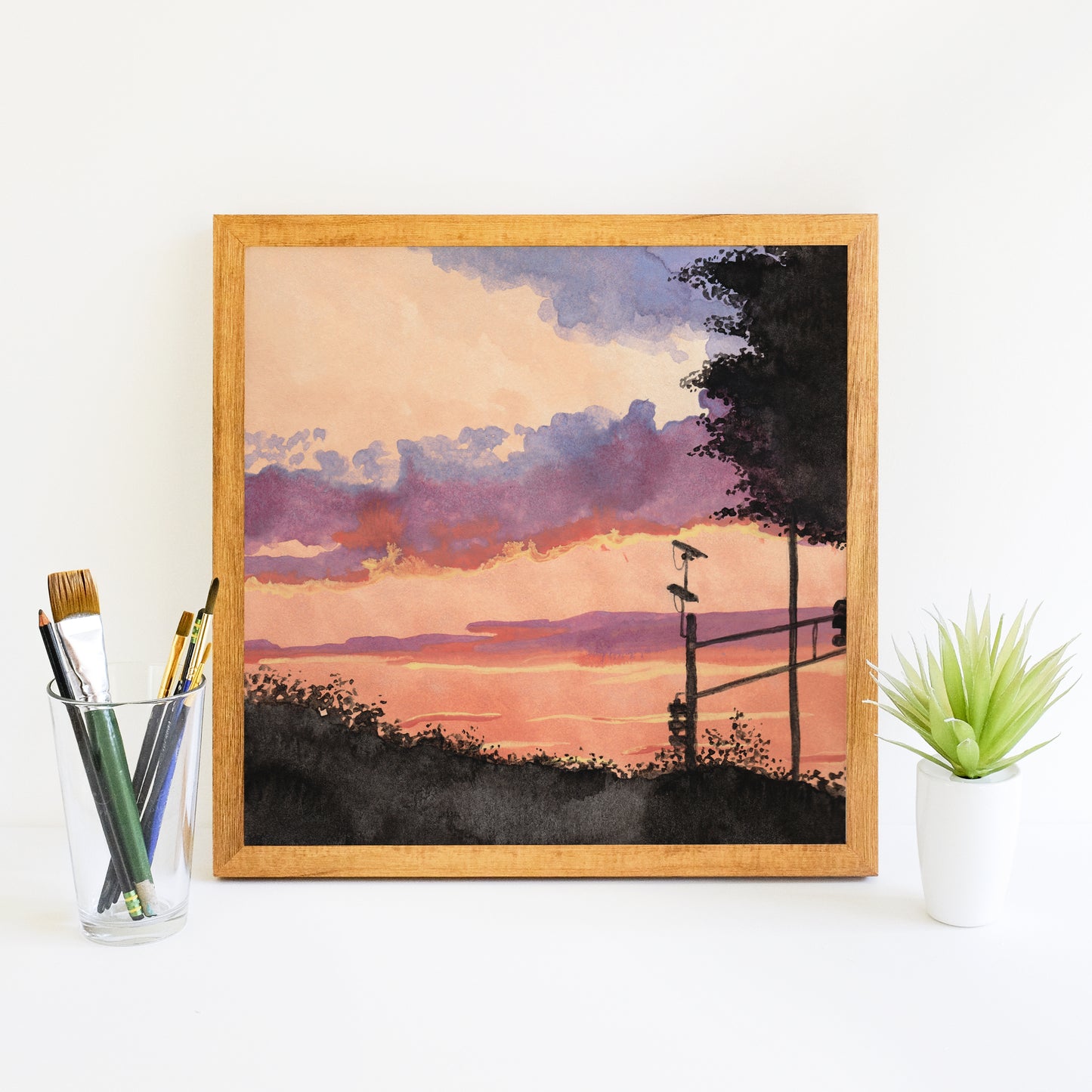 Orange Silhouette Sunset - Watercolor Art Print