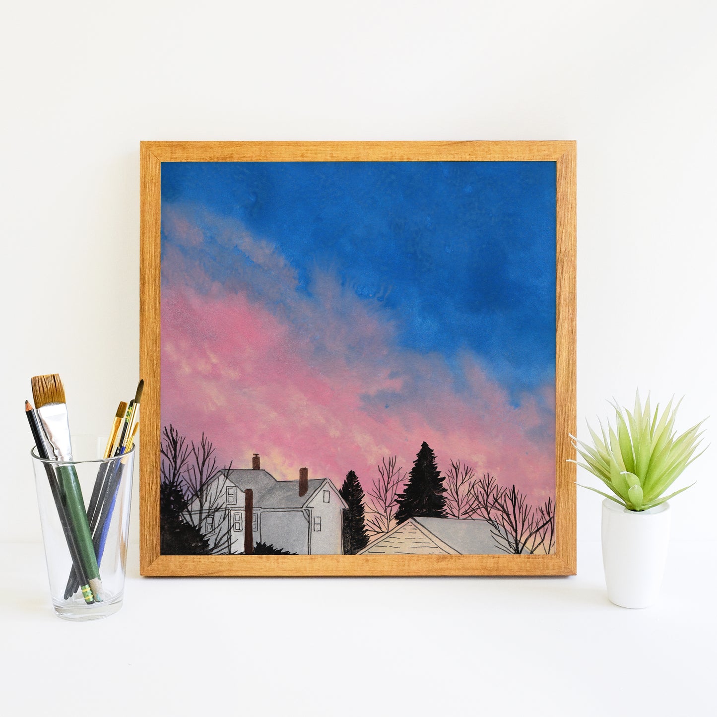 Bright Pink and Blue Sunset - Watercolor Art Print