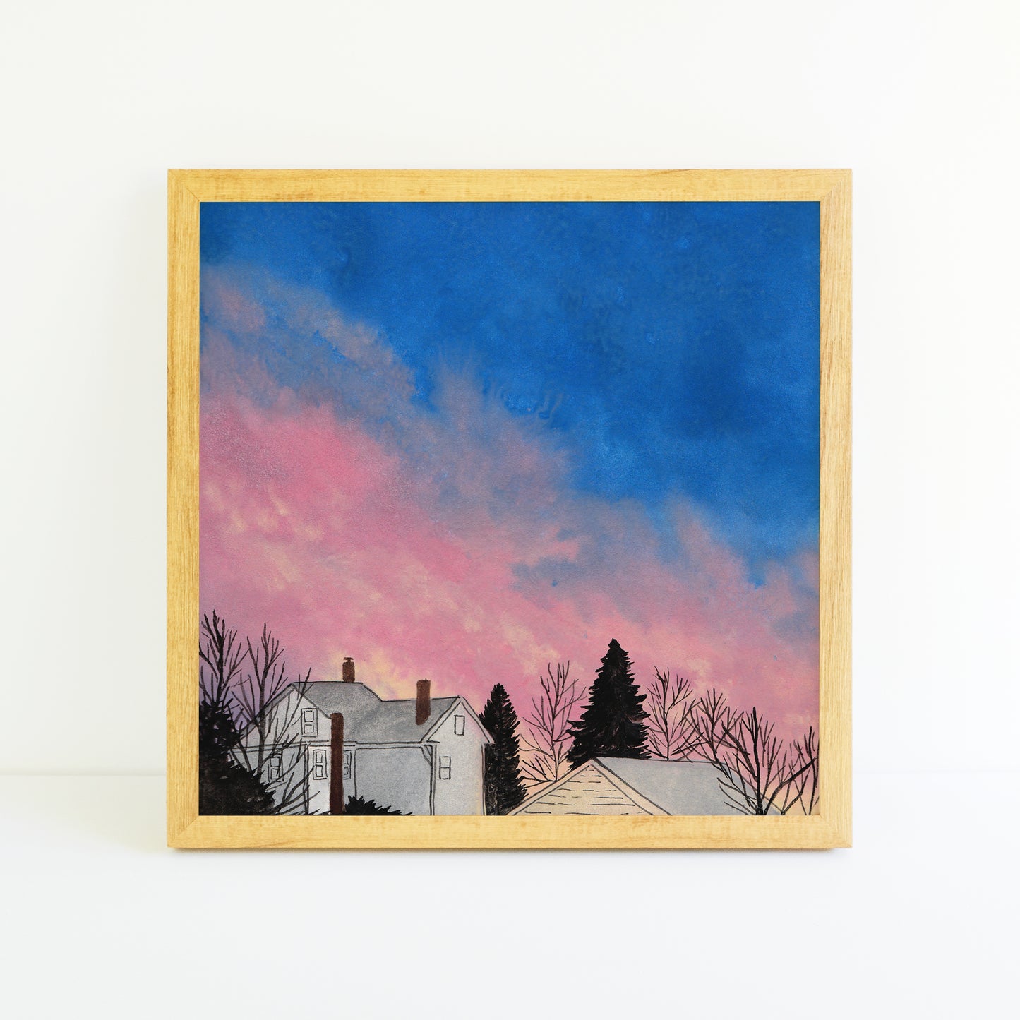Bright Pink and Blue Sunset - Watercolor Art Print