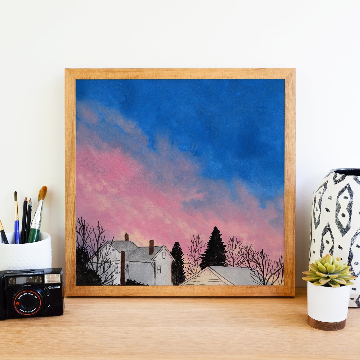 Bright Pink and Blue Sunset - Watercolor Art Print