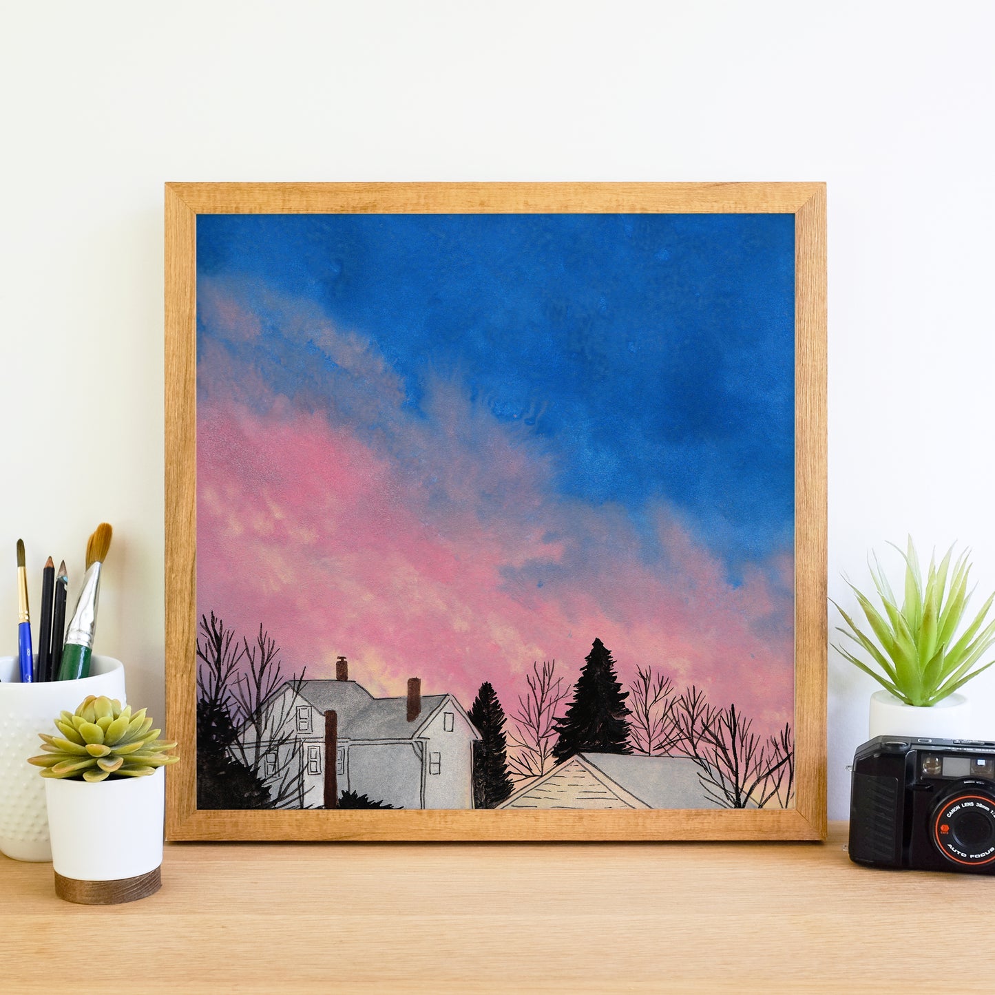 Bright Pink and Blue Sunset - Watercolor Art Print