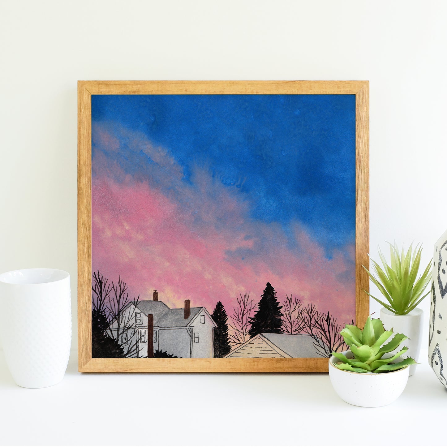 Bright Pink and Blue Sunset - Watercolor Art Print